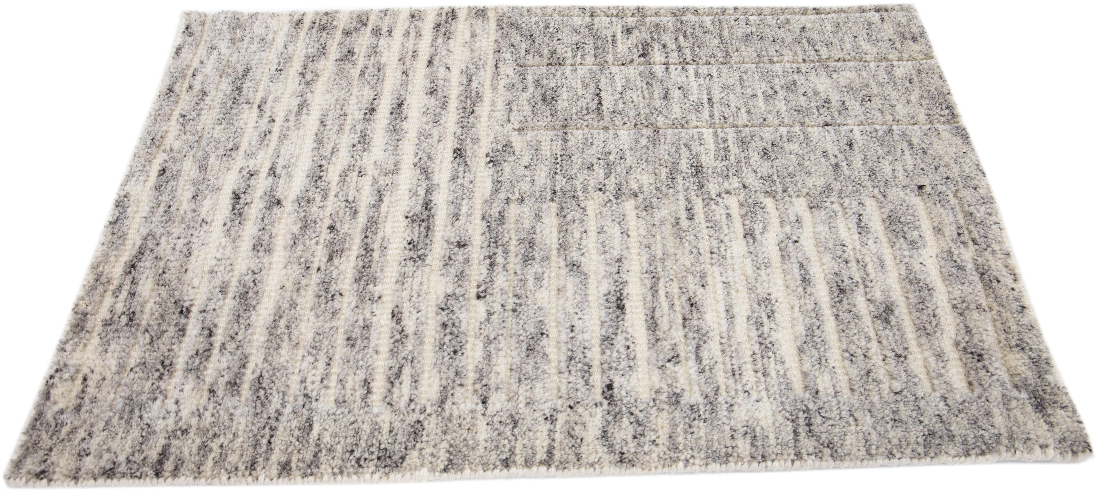 Indian Ivory Modern Moroccan Style Handmade Custom Wool Rug For Sale
