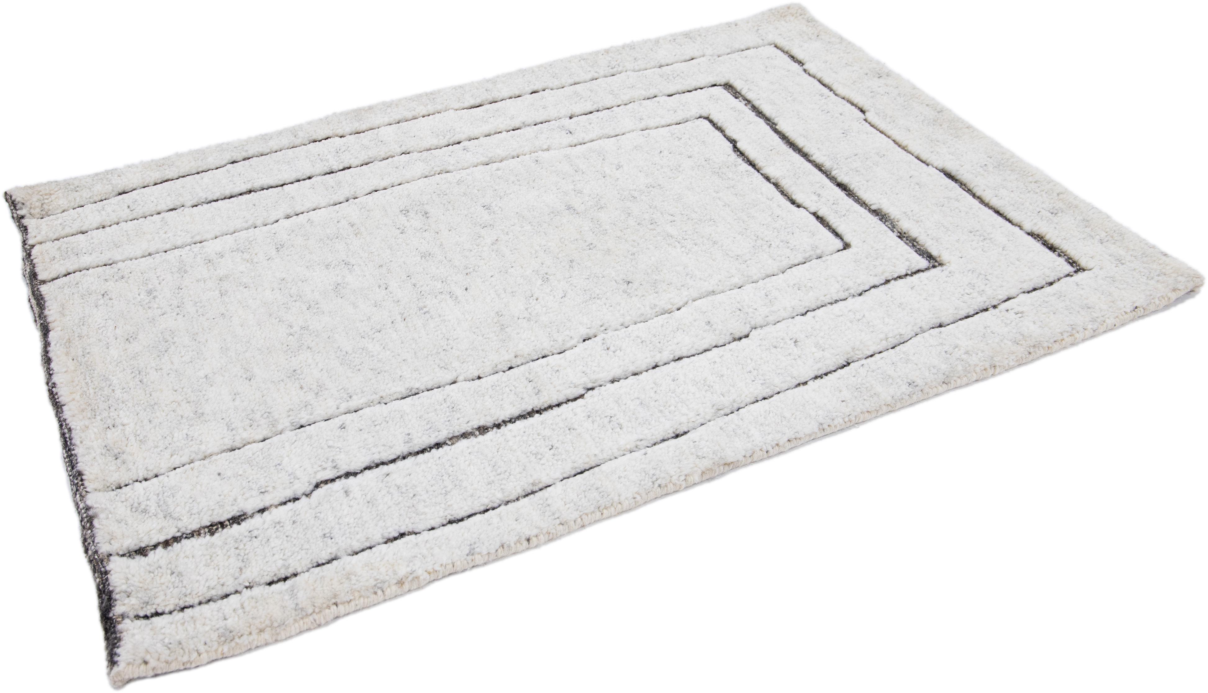 Hand-Knotted Ivory Modern Moroccan Style Handmade Custom Wool Rug For Sale