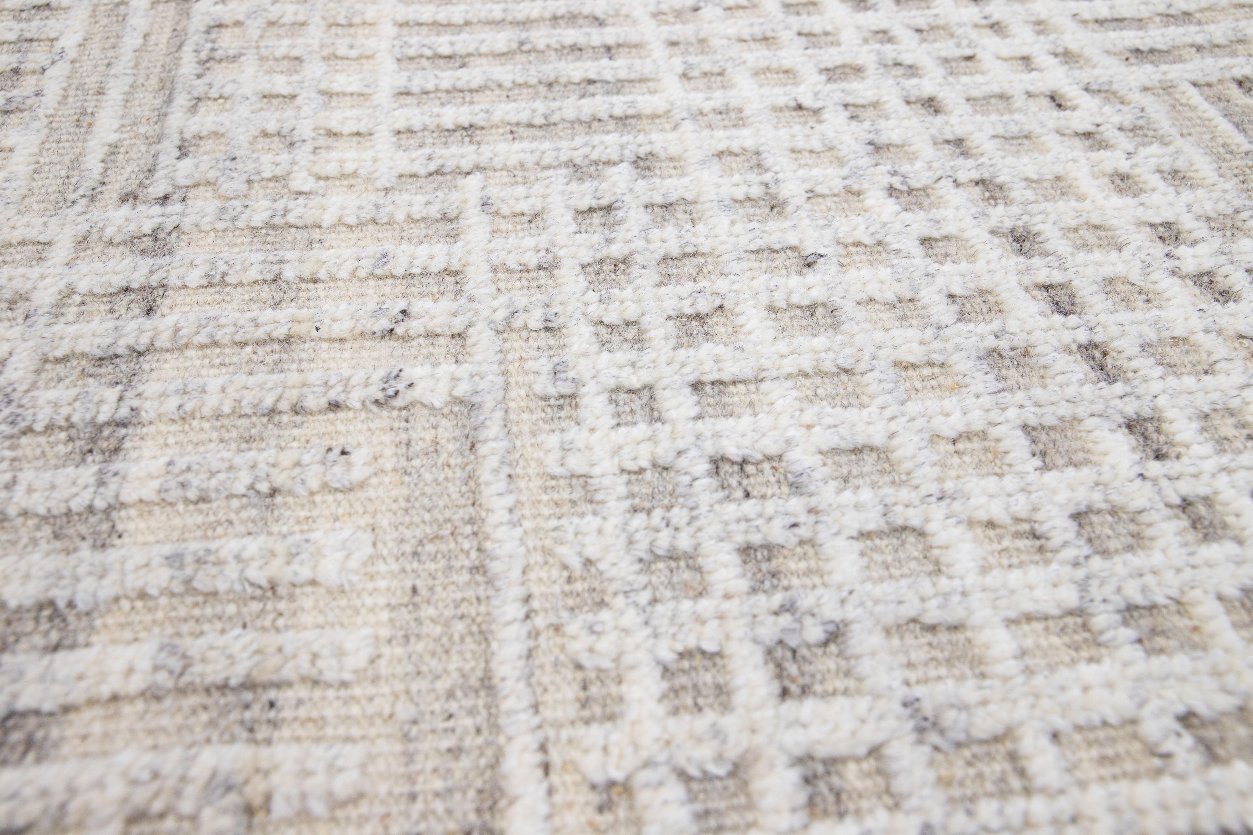 Hand-Knotted Ivory Modern Moroccan Style Handmade Custom Wool Rug For Sale
