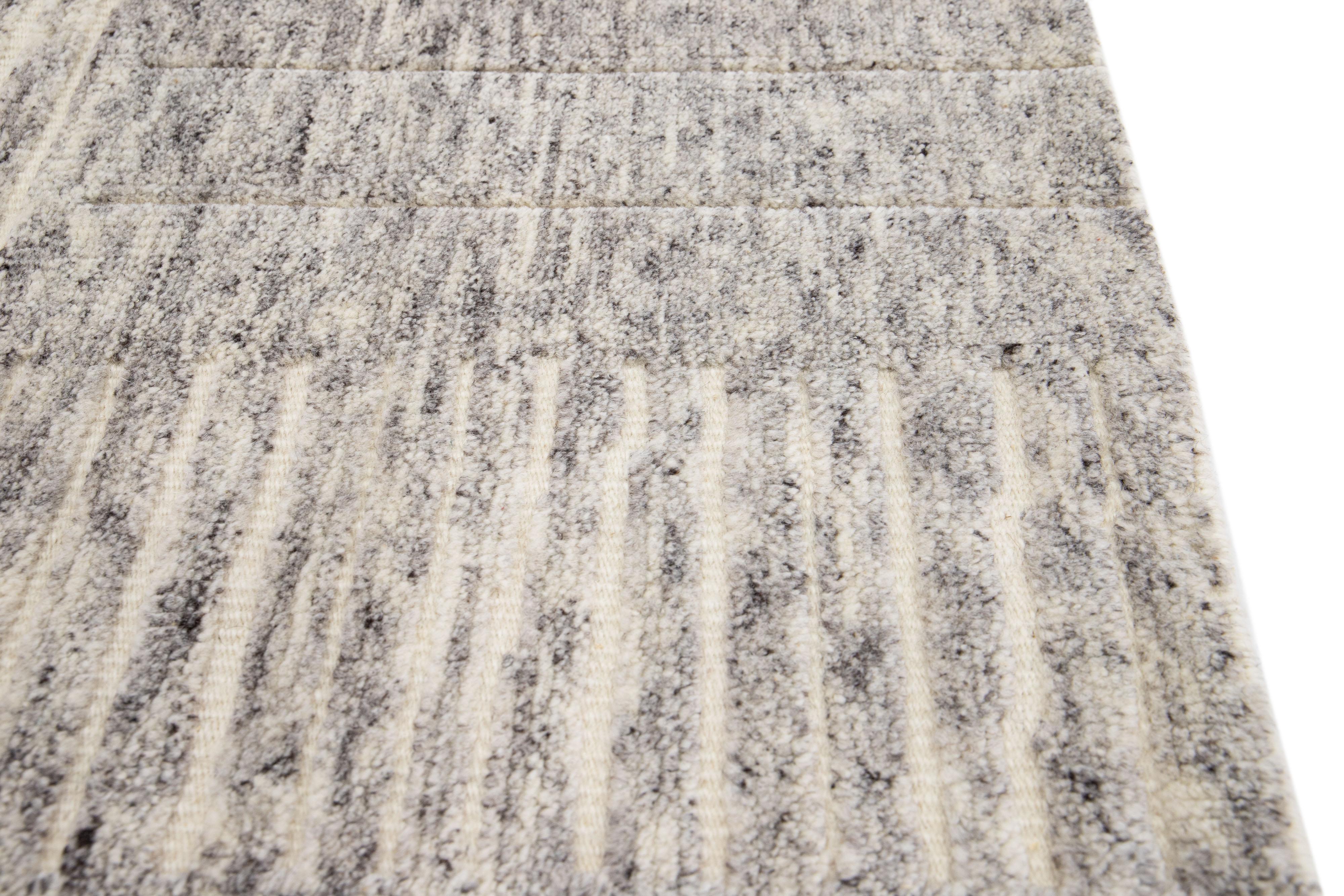 Hand-Knotted Ivory Modern Moroccan Style Handmade Custom Wool Rug For Sale