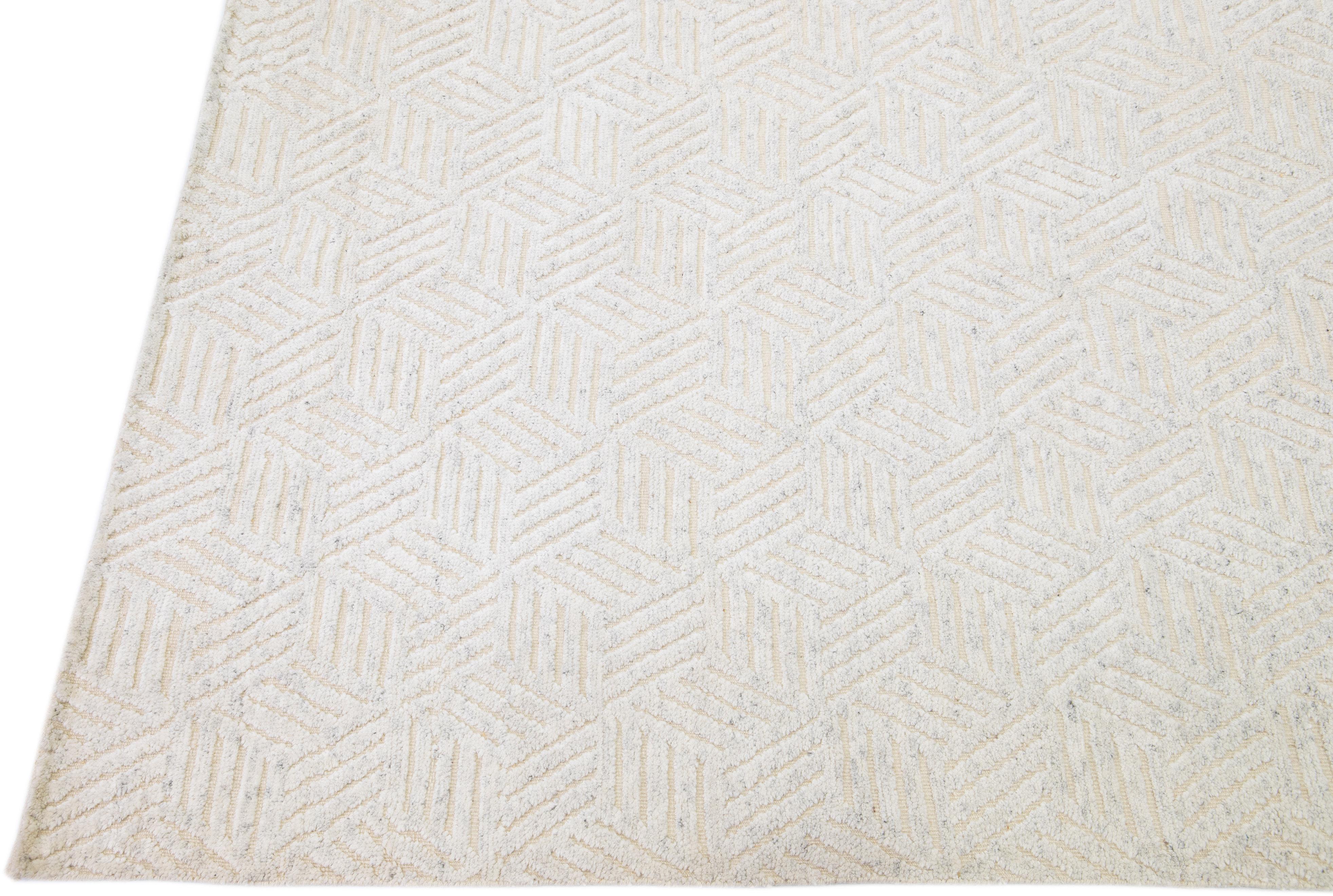 Hand-Knotted Ivory Modern Moroccan Style Handmade Geometric Abstract Oversize Wool Rug  For Sale