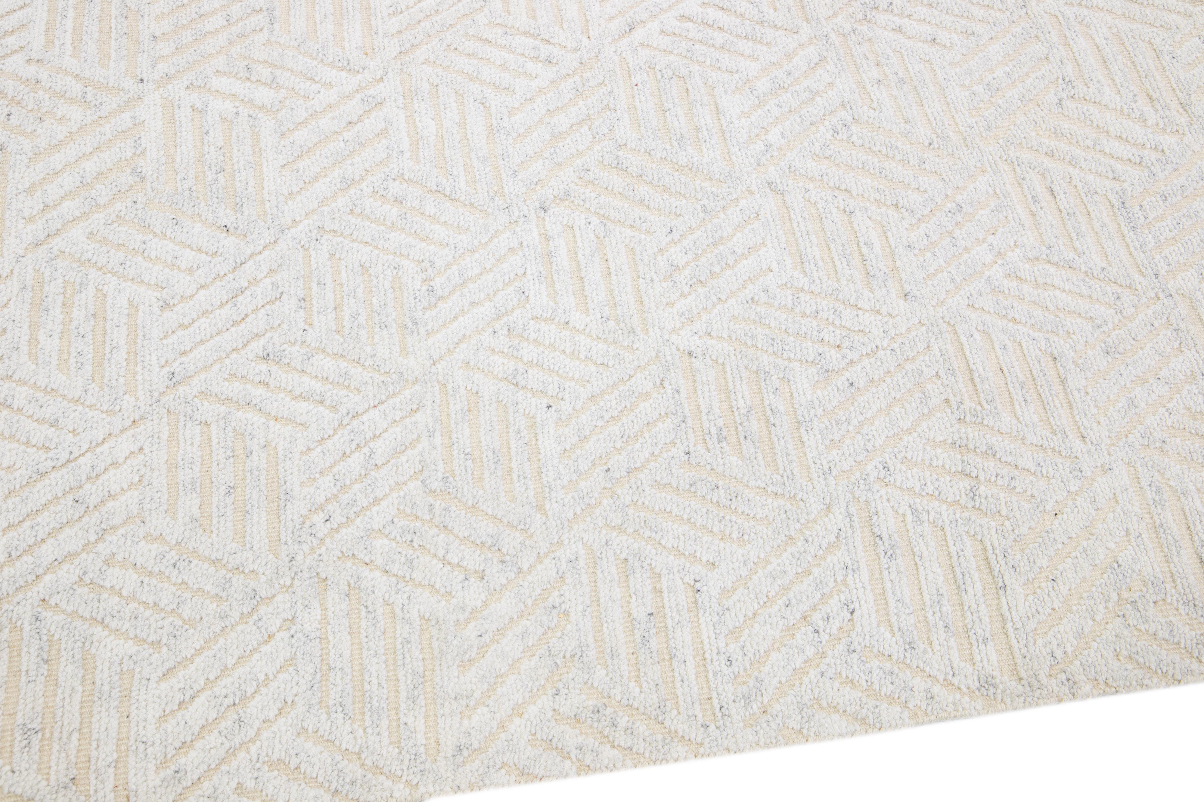 Contemporary Ivory Modern Moroccan Style Handmade Geometric Abstract Oversize Wool Rug  For Sale