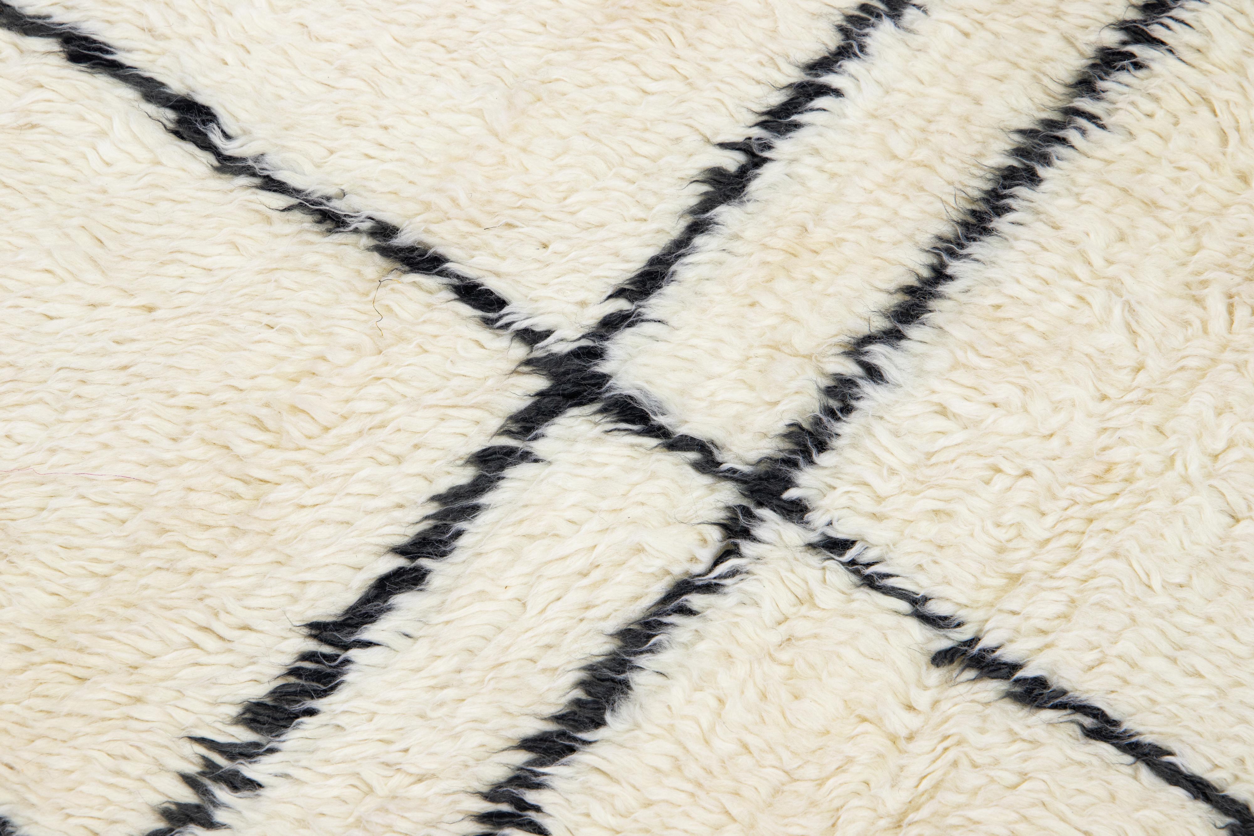 Contemporary Ivory Modern Moroccan Style Handmade Geometric Wool Rug by Apadana For Sale