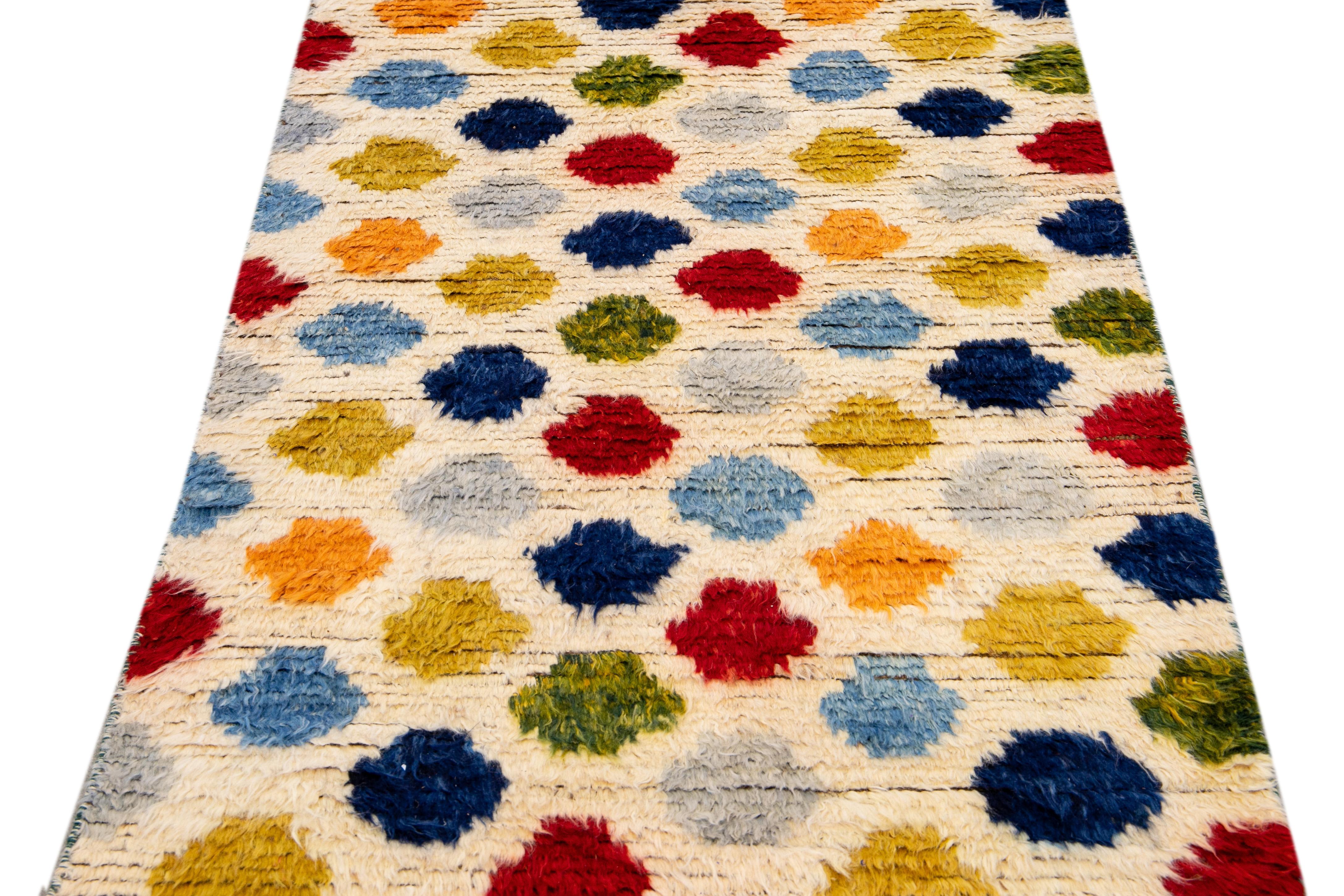 Bohemian Ivory Modern Moroccan Style Handmade Multicolor Dots Designed Wool Runner For Sale