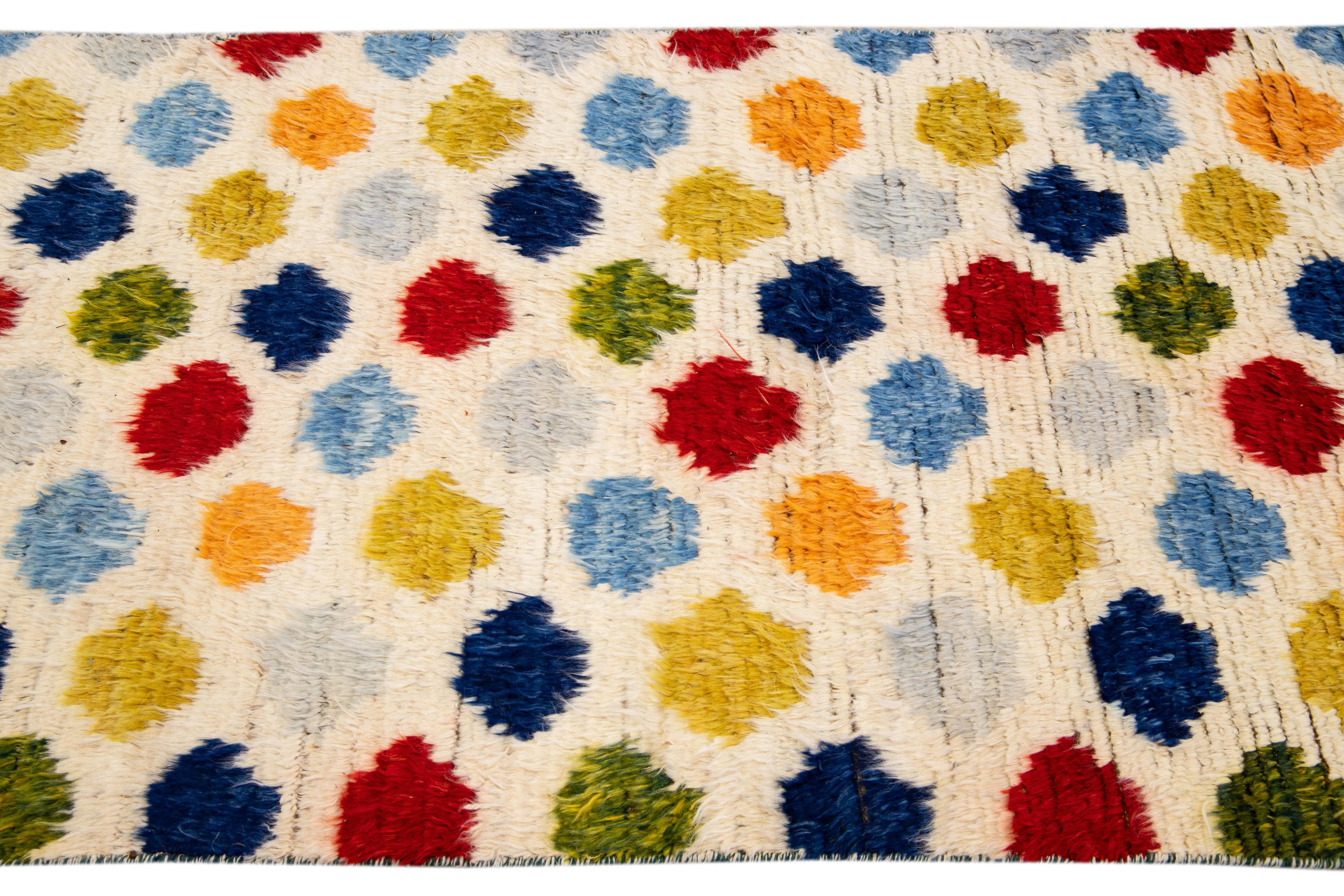 Pakistani Ivory Modern Moroccan Style Handmade Multicolor Dots Designed Wool Runner For Sale