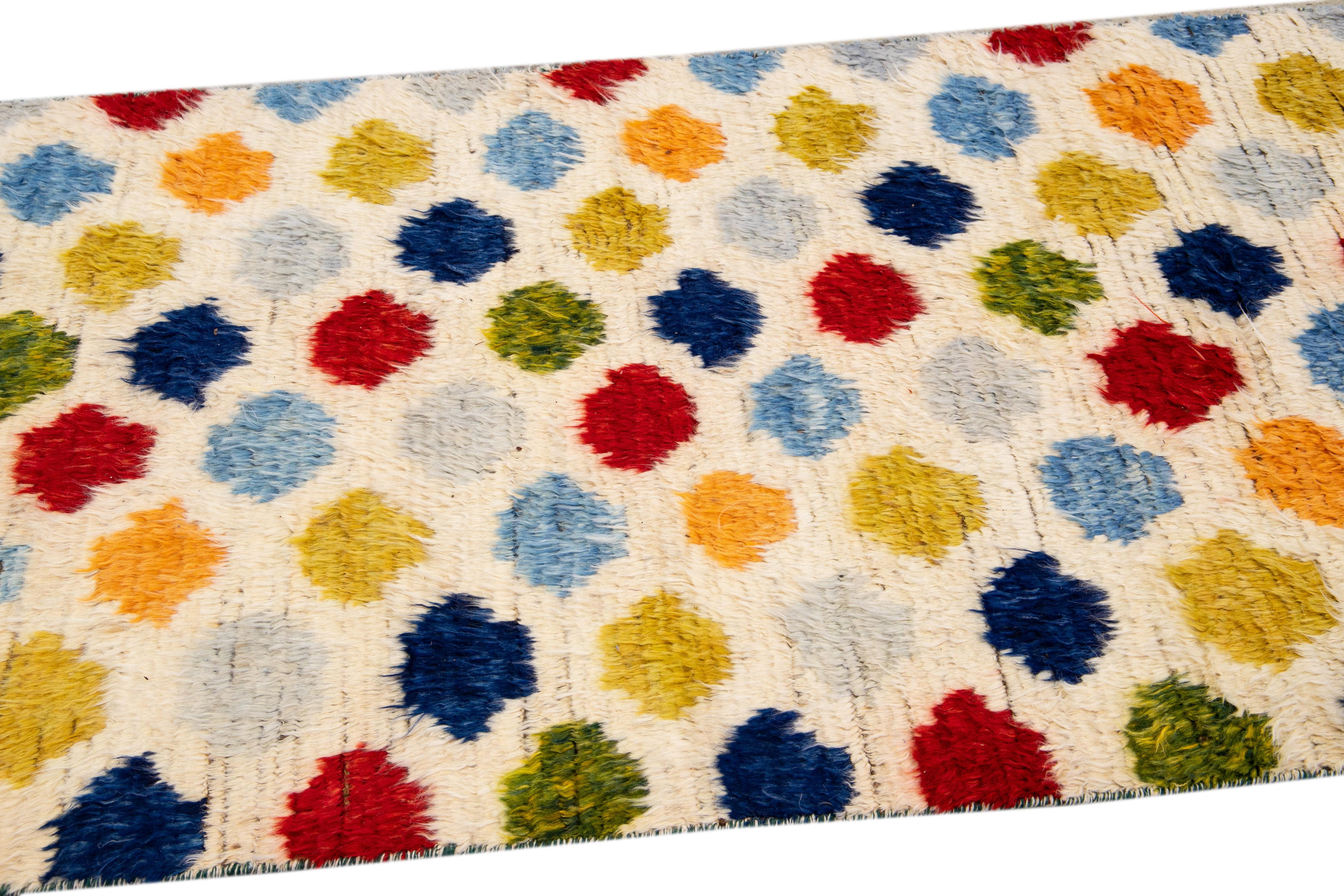 Ivory Modern Moroccan Style Handmade Multicolor Dots Designed Wool Runner In New Condition For Sale In Norwalk, CT