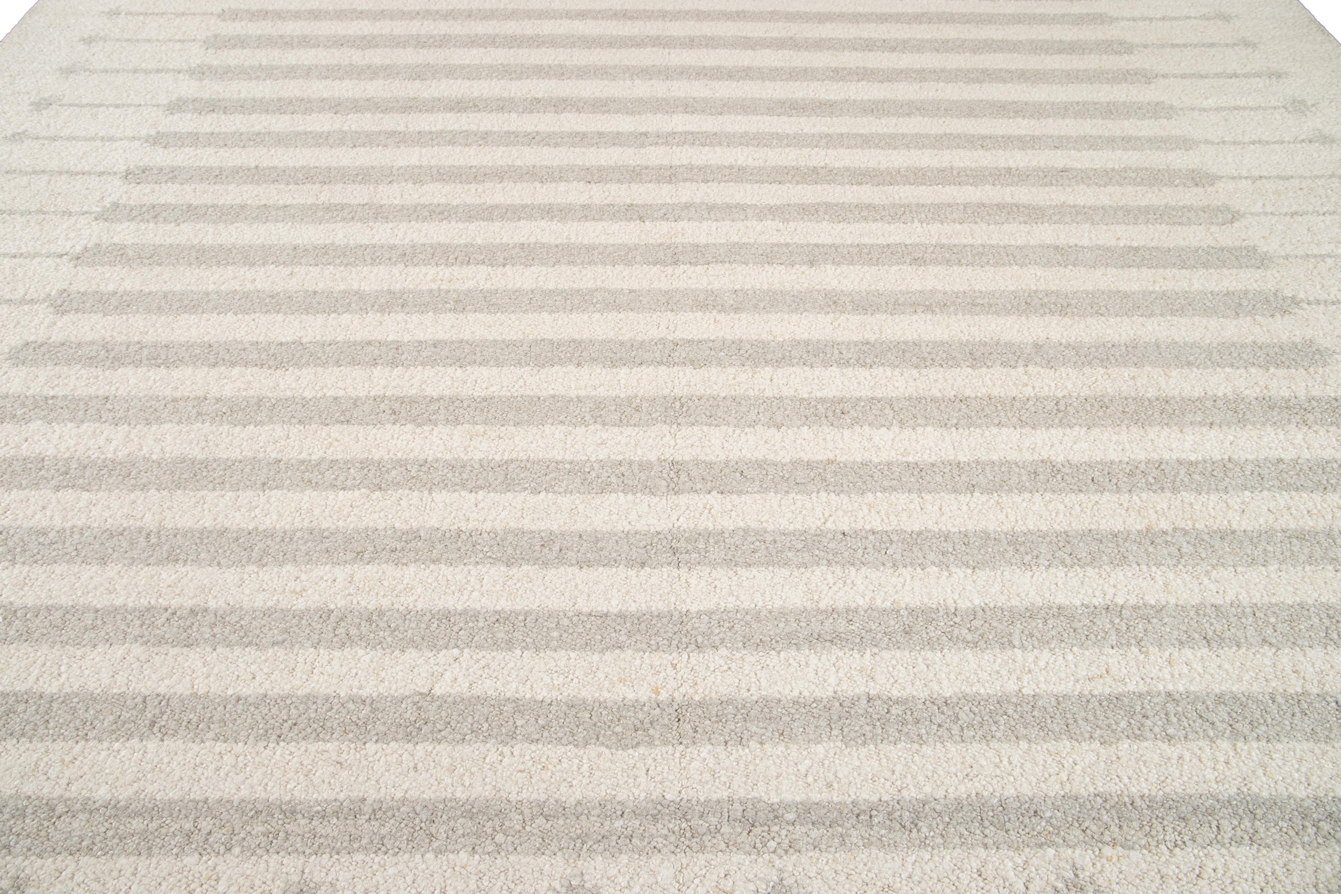 Ivory Modern Moroccan Style Handmade Wool Rug For Sale 5
