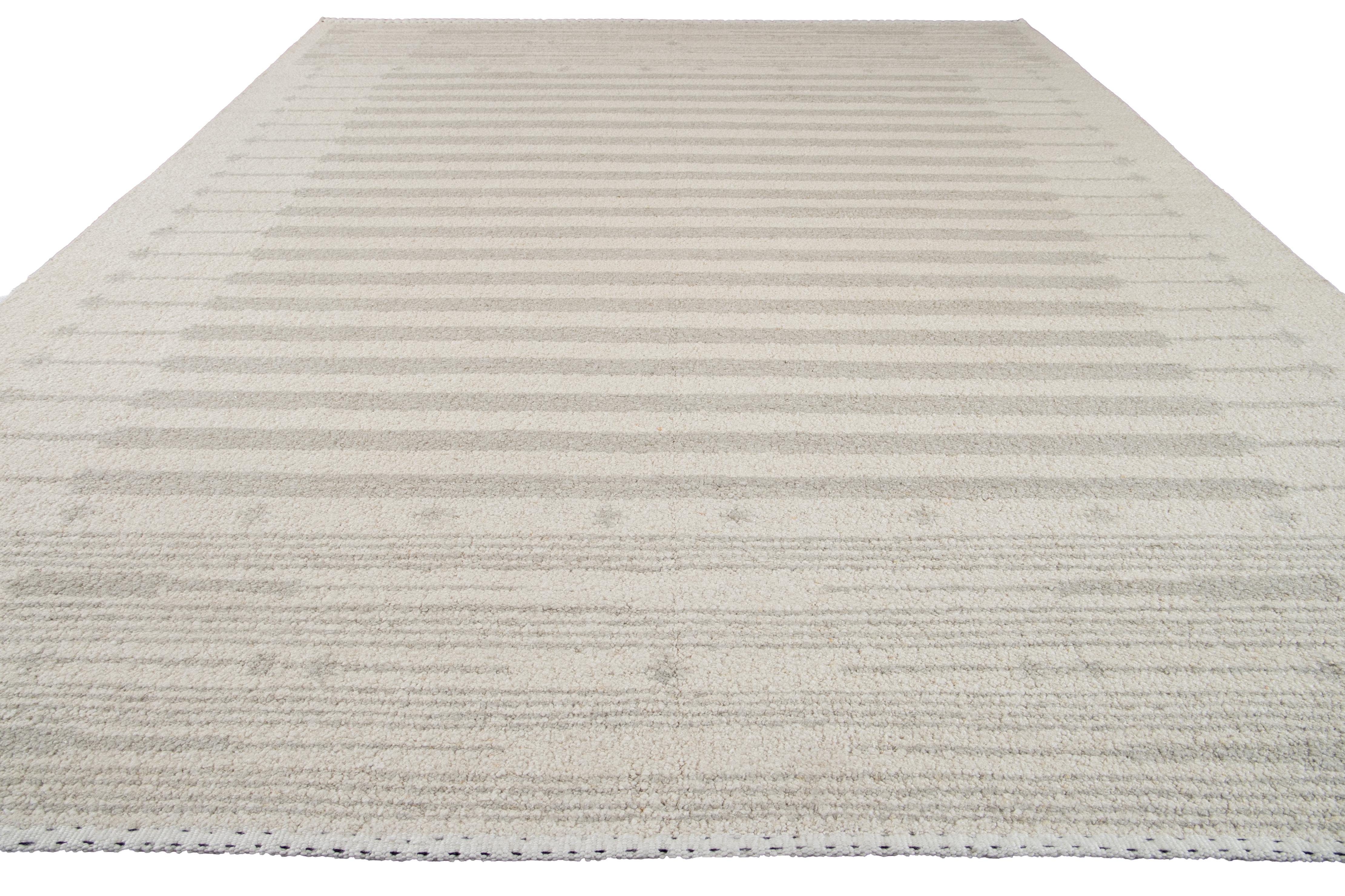 Indian Ivory Modern Moroccan Style Handmade Wool Rug For Sale