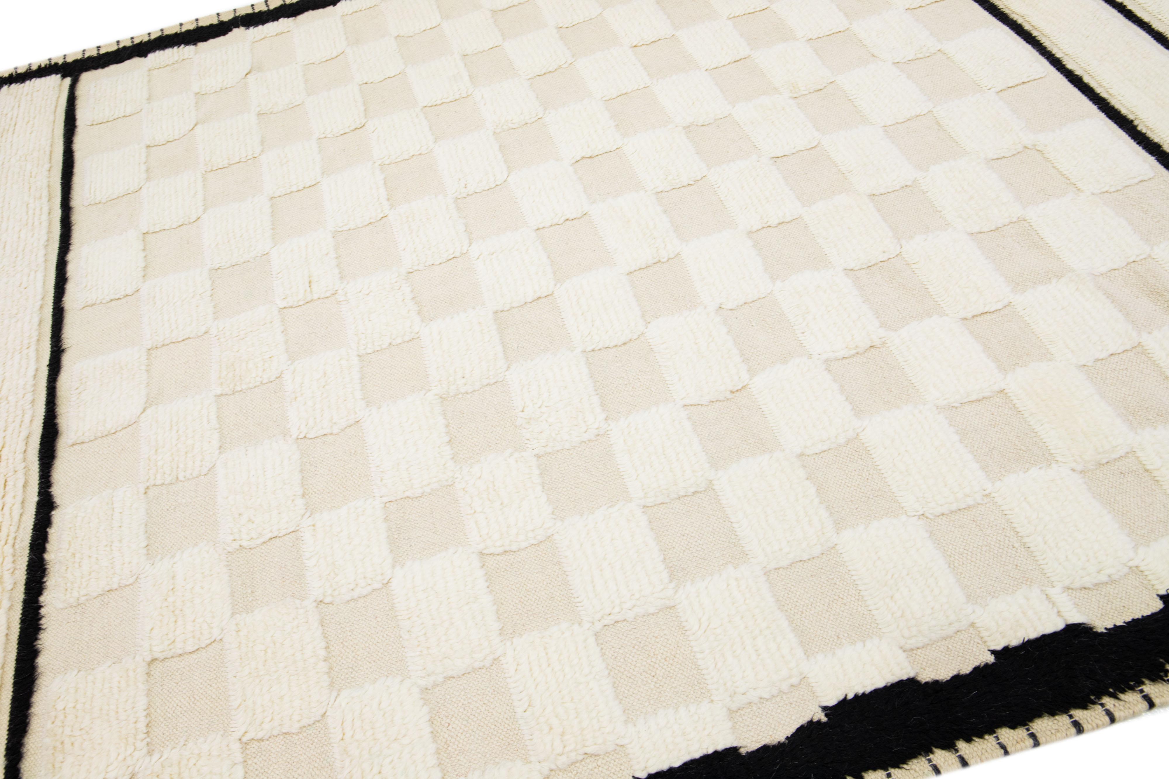 Organic Modern Ivory Modern Moroccan Style Handmade Wool Rug With Checker Design For Sale