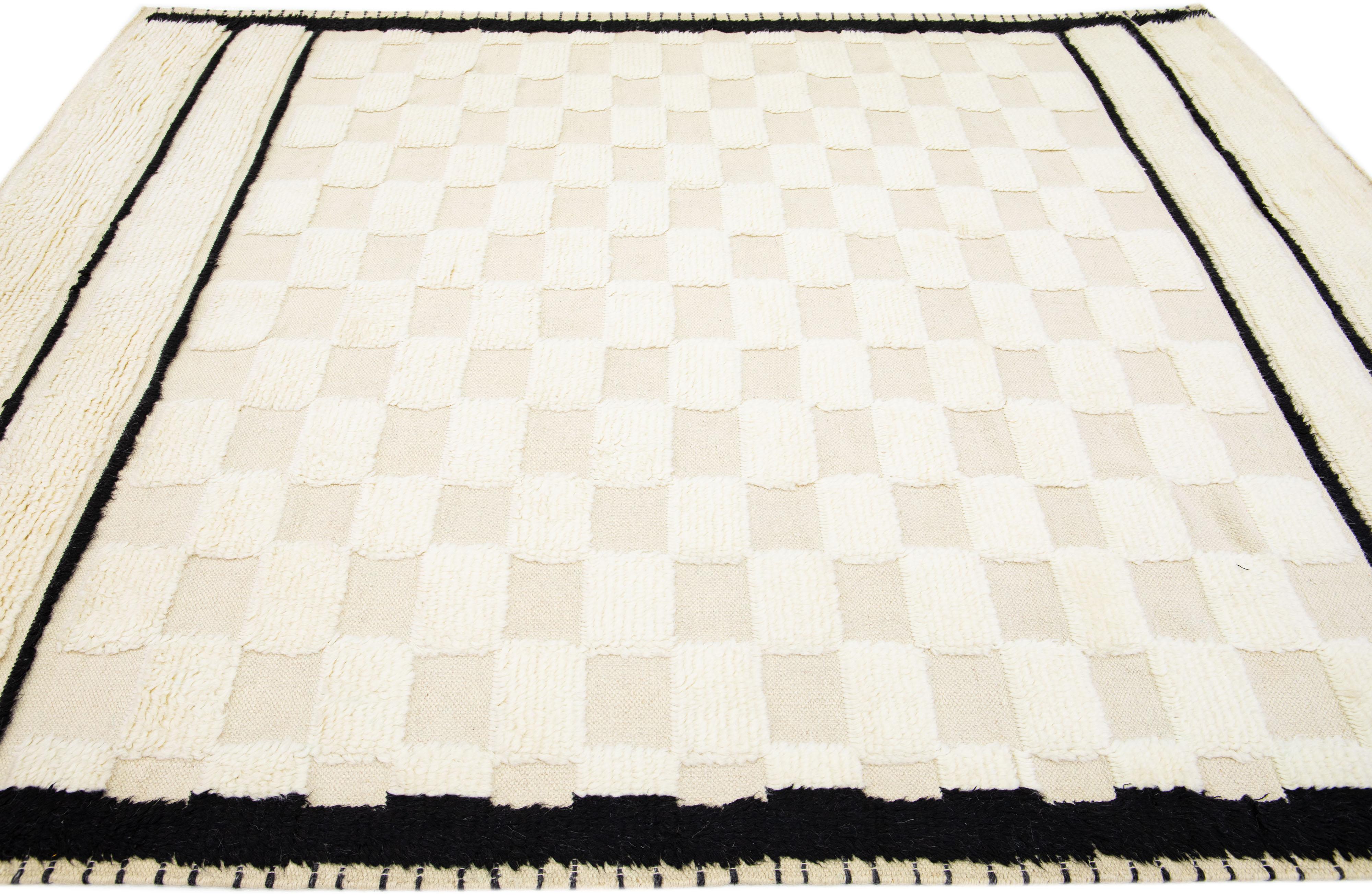 Pakistani Ivory Modern Moroccan Style Handmade Wool Rug With Checker Design For Sale
