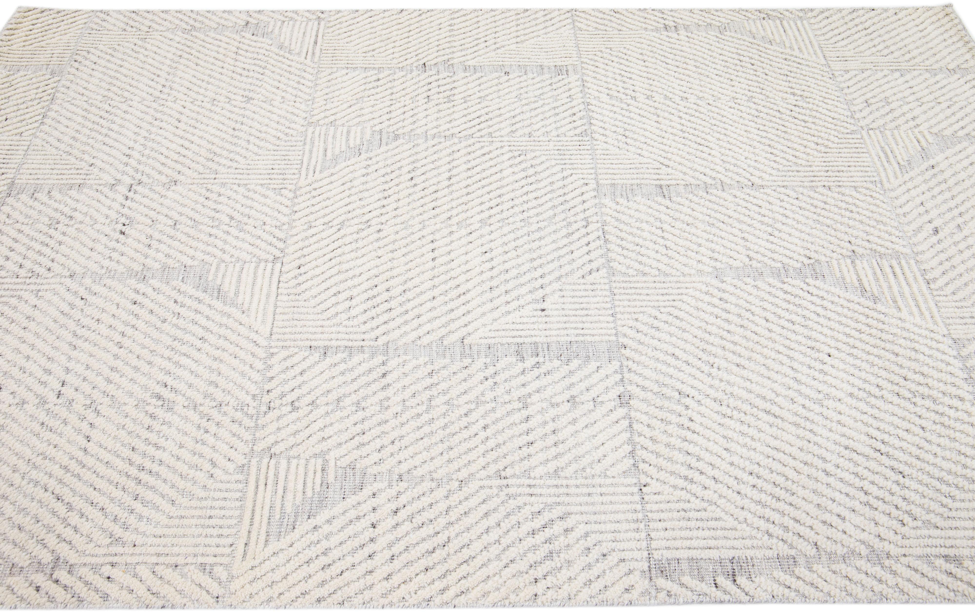 Indian Ivory Modern Moroccan Style Handmade Wool Rug with Minimalist Motif by Apadana For Sale