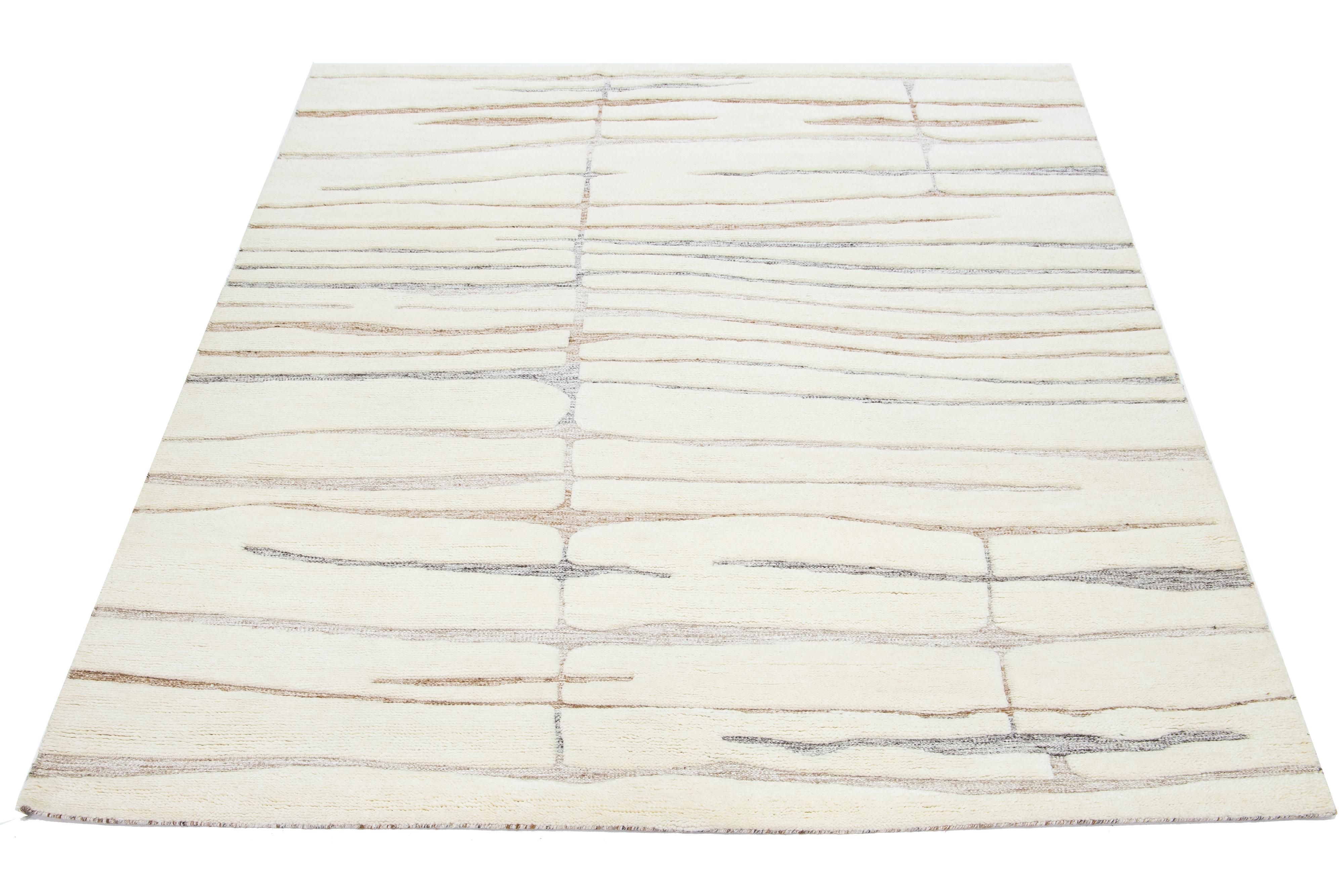 Hand-Knotted Ivory Modern Moroccan-Style Wool Rug Handmade With a Striped Design By Apadana For Sale