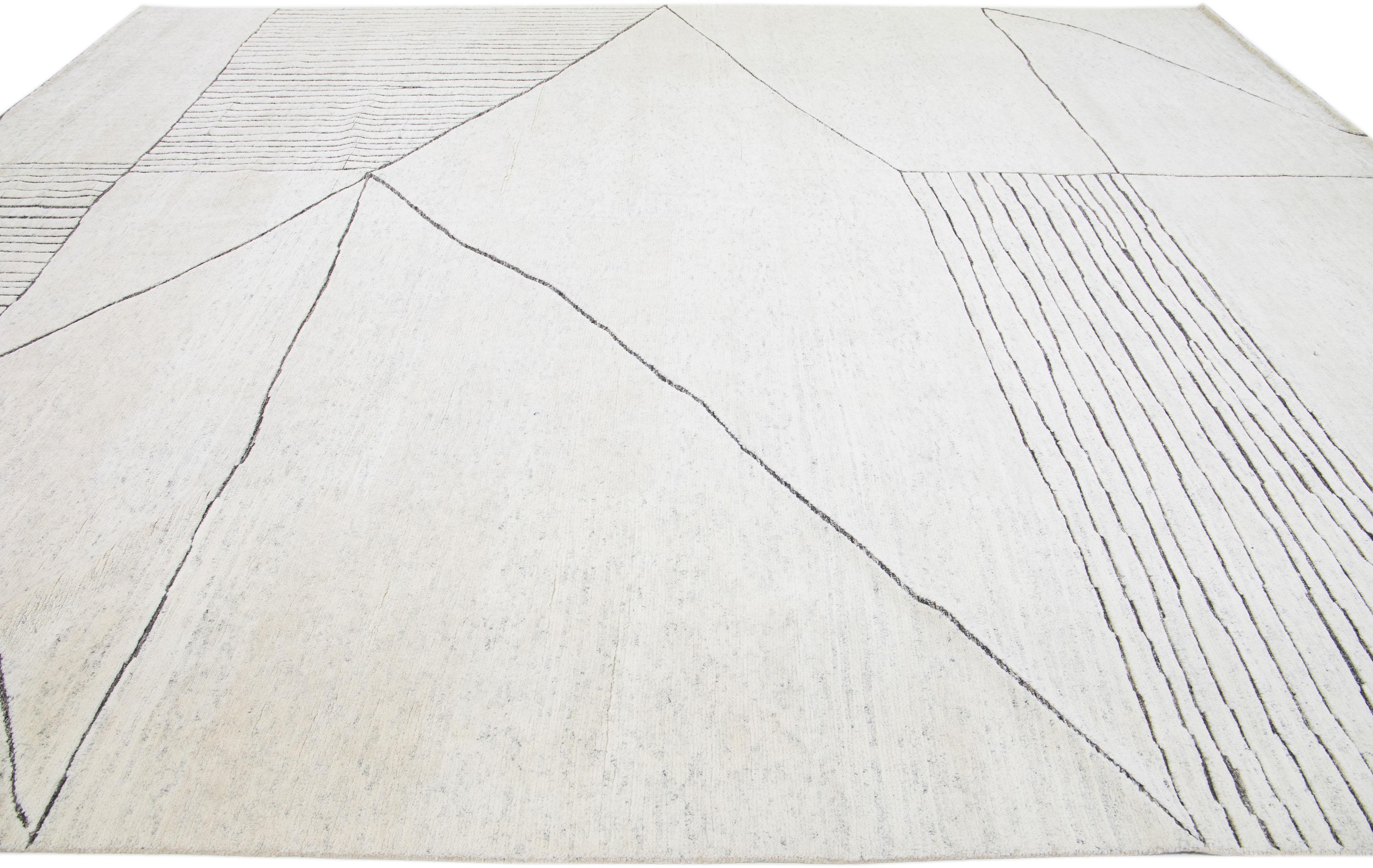 Hand-Knotted Ivory Modern Moroccan Style Wool Rug with Abstract Design by Apadana For Sale