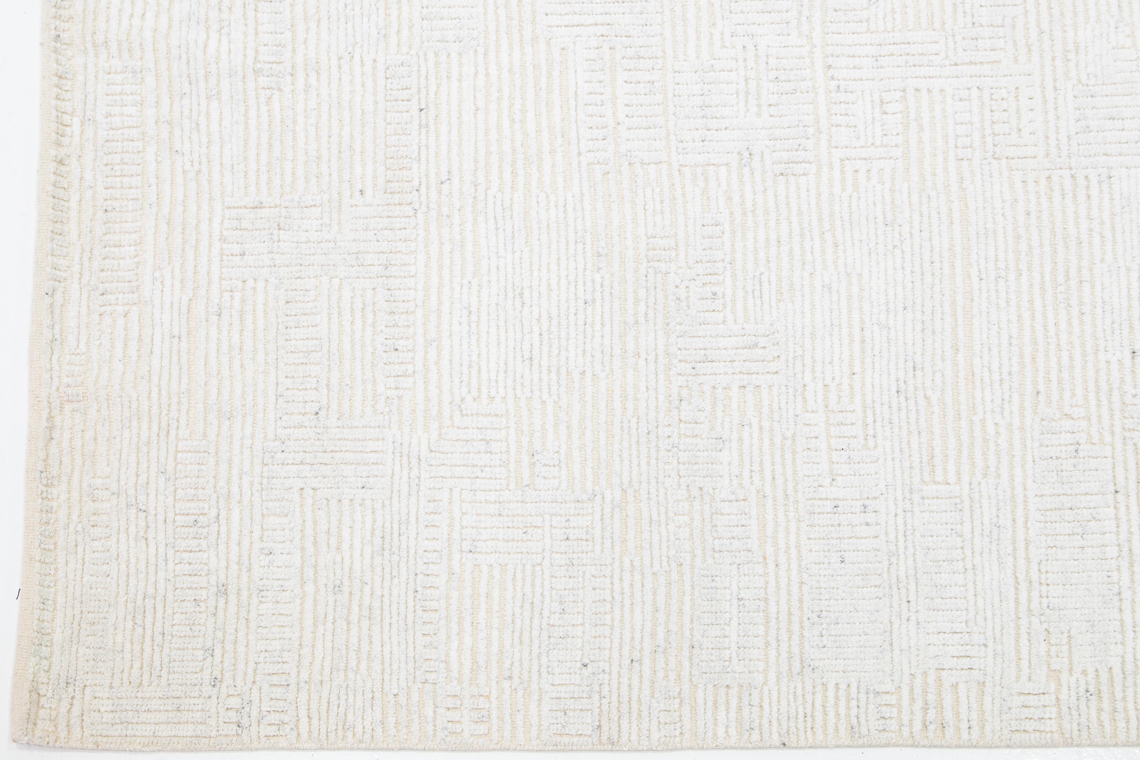 Hand-Knotted Ivory Modern Moroccan Style Wool Rug With Geometric Seamless Design For Sale