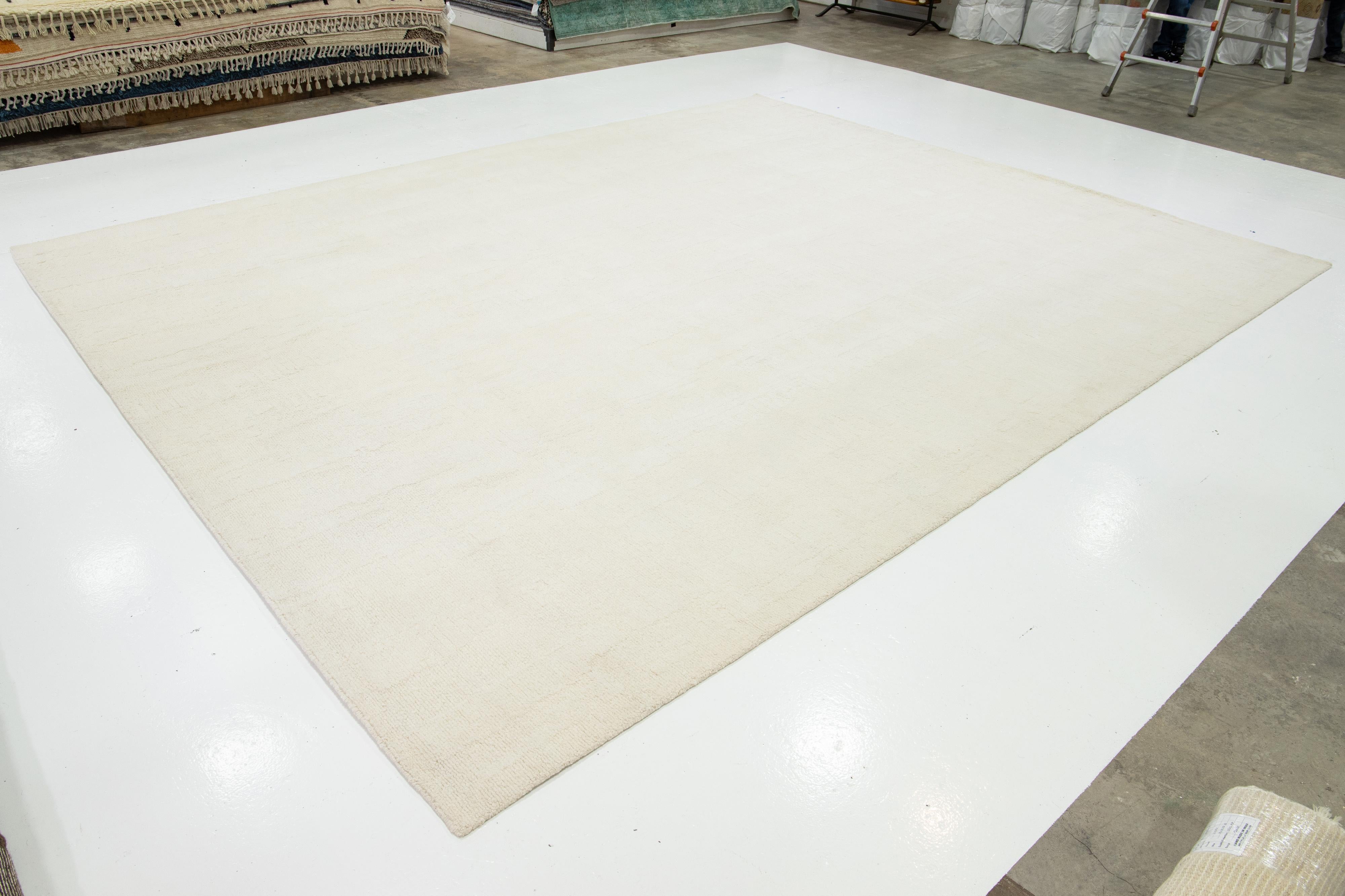 Indian Ivory Modern Organic Moroccan Style Wool Rug For Sale