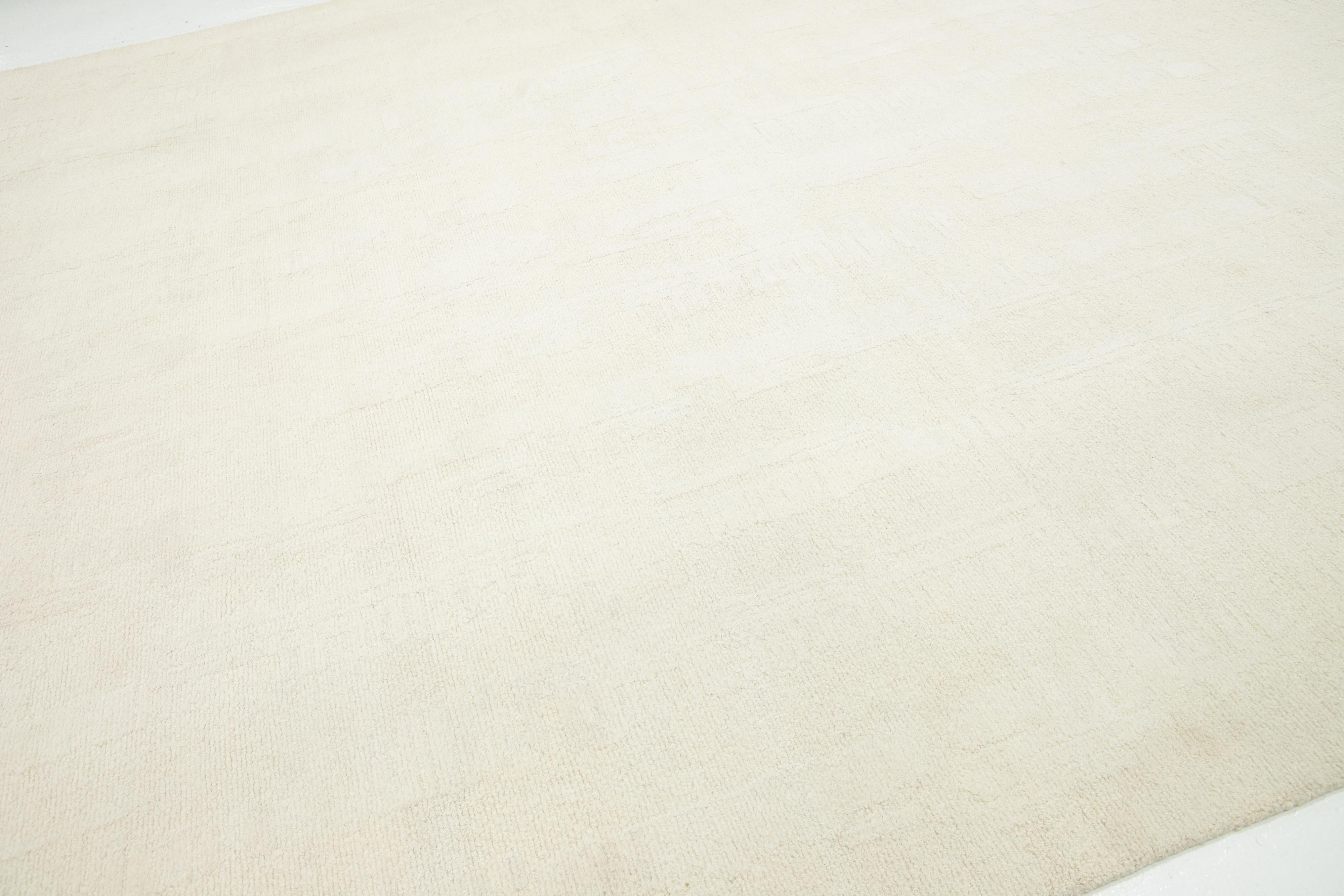 Hand-Knotted Ivory Modern Organic Moroccan Style Wool Rug For Sale