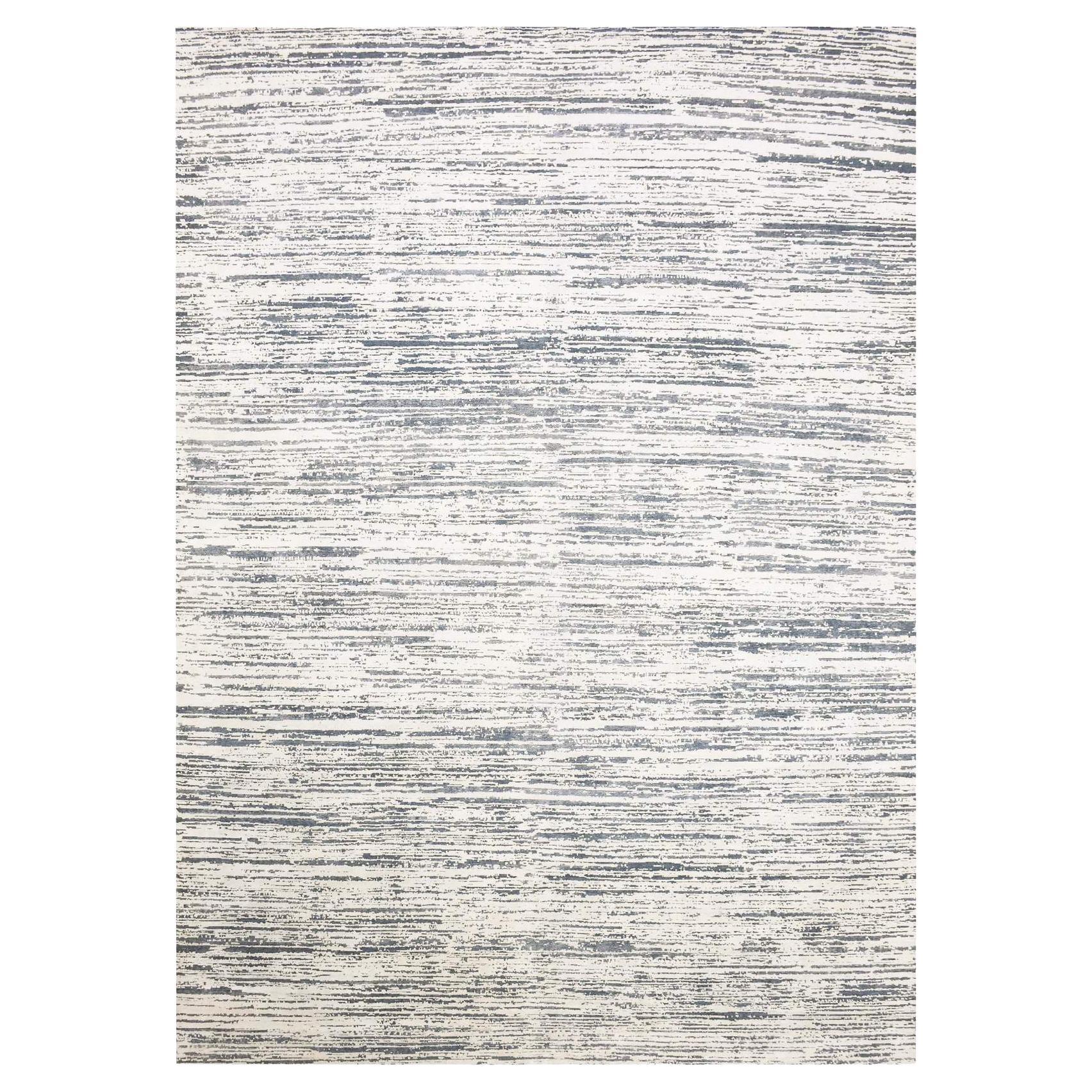 Alfombra Oriental Anudada a Mano Marfil Diseño Moderno Striae Seda con Lana Tono sobre Tono