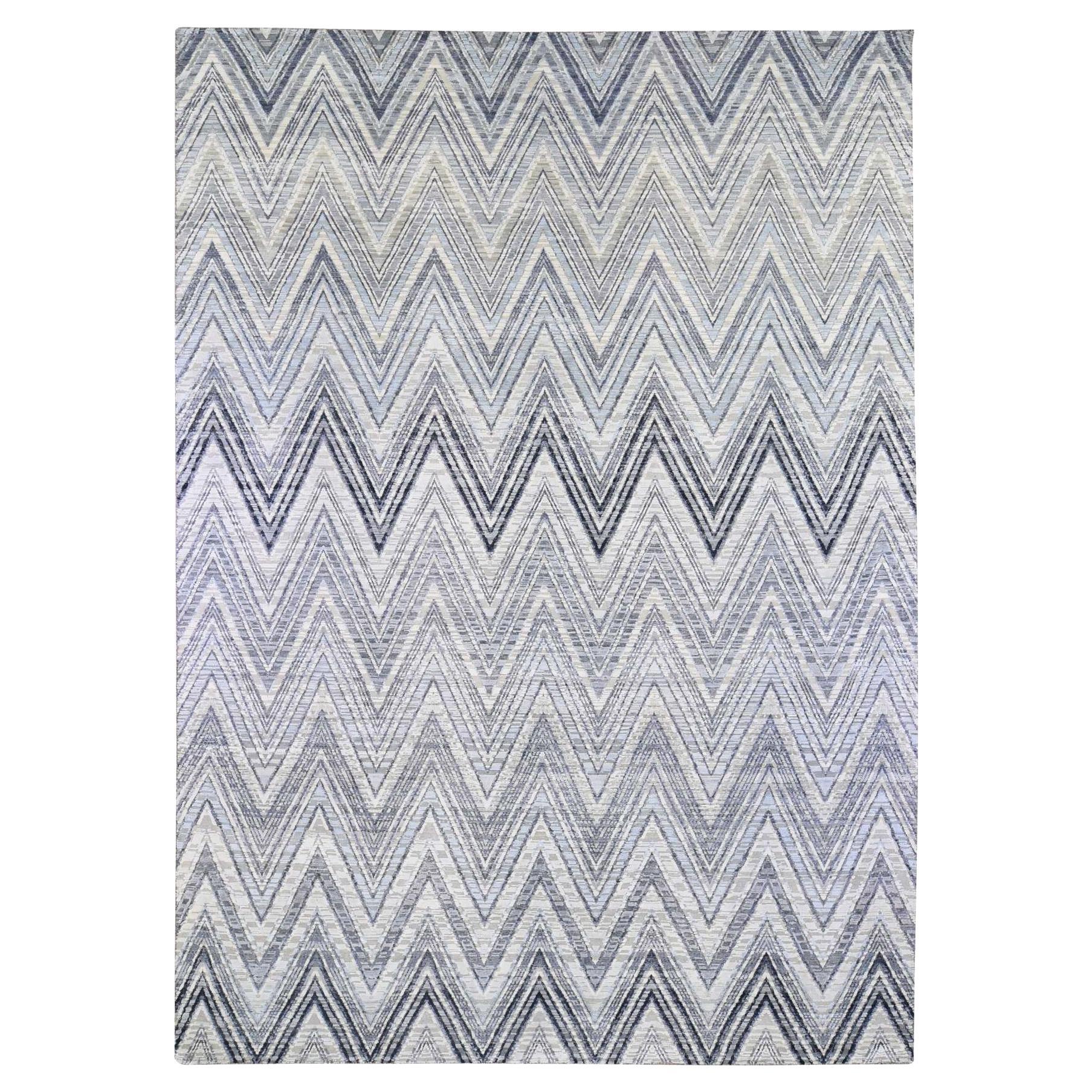 Ivory Modern Textured Wool and Pure Silk Hand Knotted Oriental Rug 9'10" x 14'3"