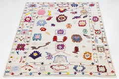 Ivory Modern Turkish Oushak Style Rug - Hand-Knotted Wool Colorful Whimsical Art