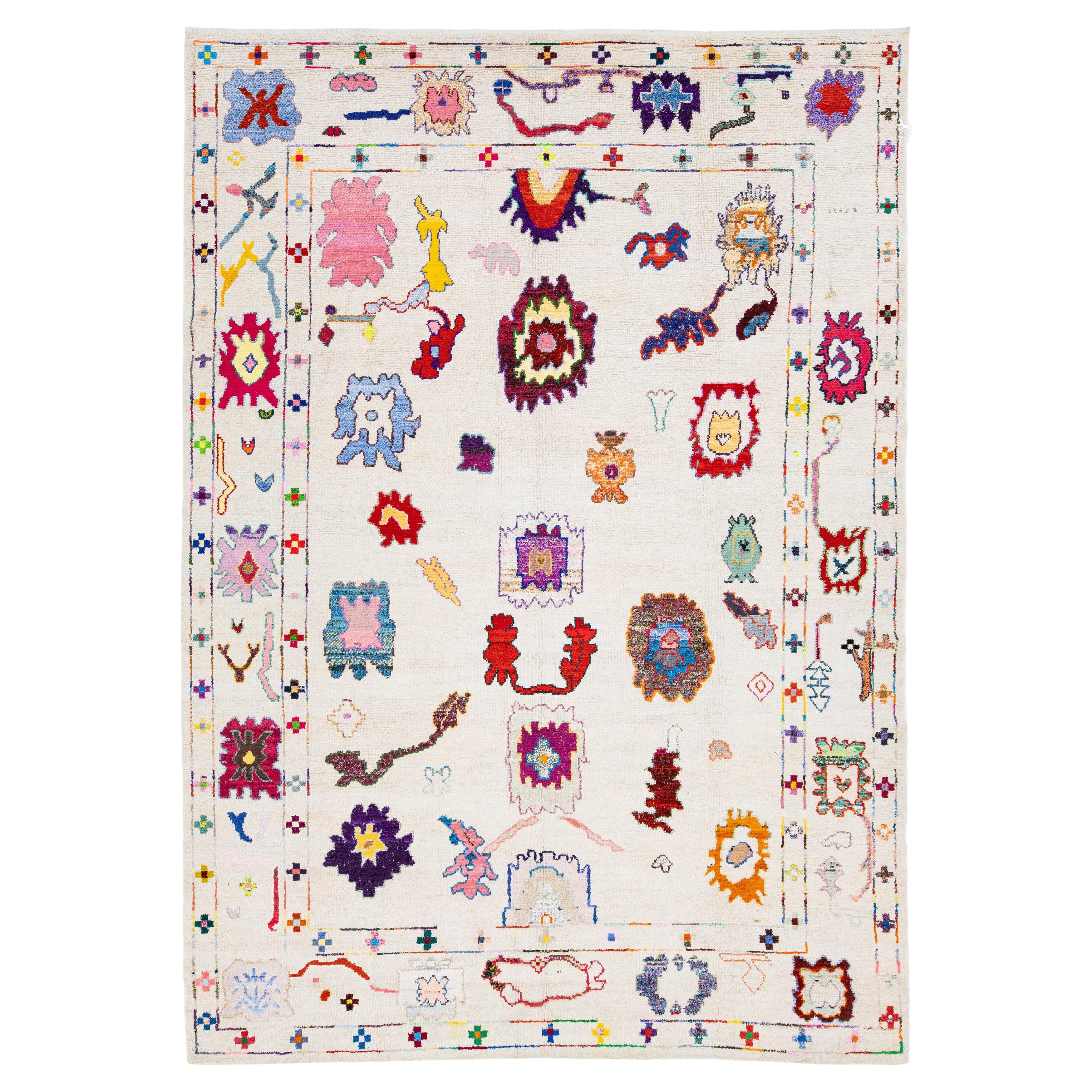 Ivory Modern Turkish Oushak Style Rug - Hand-Knotted Wool Colorful Whimsical Art For Sale