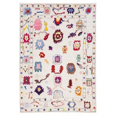 Ivory Modern Turkish Oushak Style Rug - Hand-Knotted Wool Colorful Whimsical Art