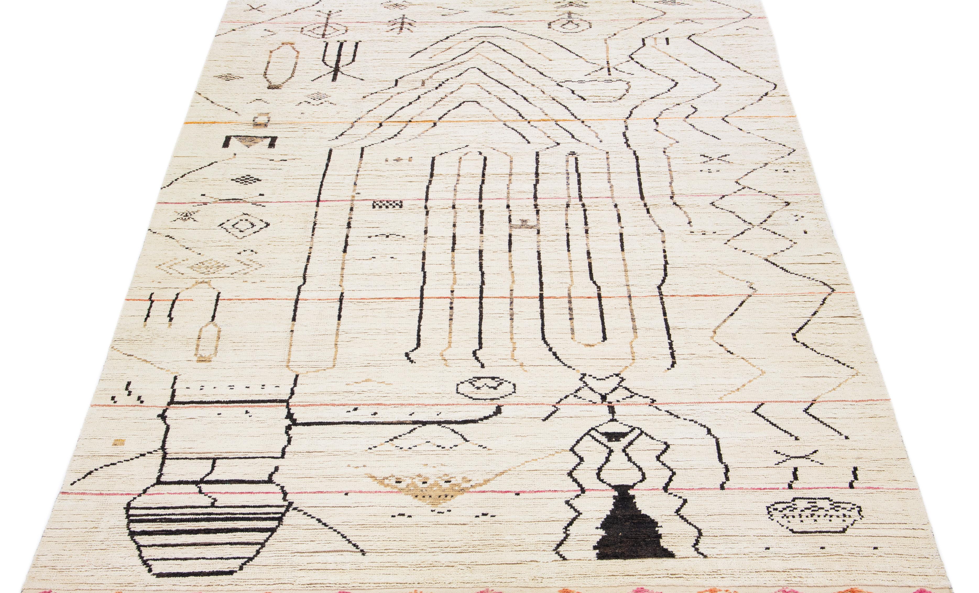Hand-Knotted Ivory Moroccan Berber Style Handmade Abstract Wool Rug For Sale