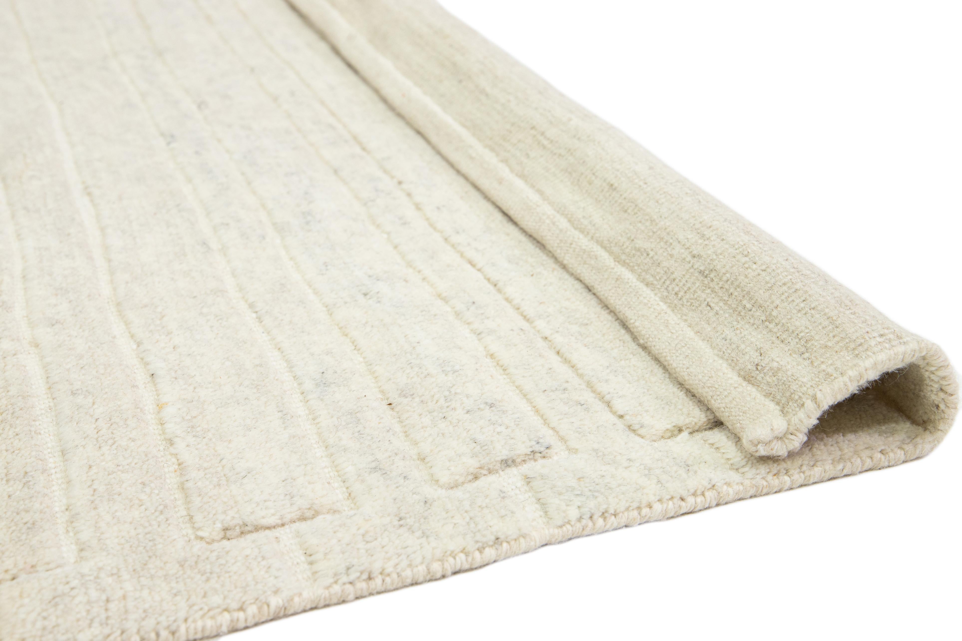 Indian Ivory Moroccan Style Contemporary Wool Rug With a Striped Pattern By Apadana For Sale