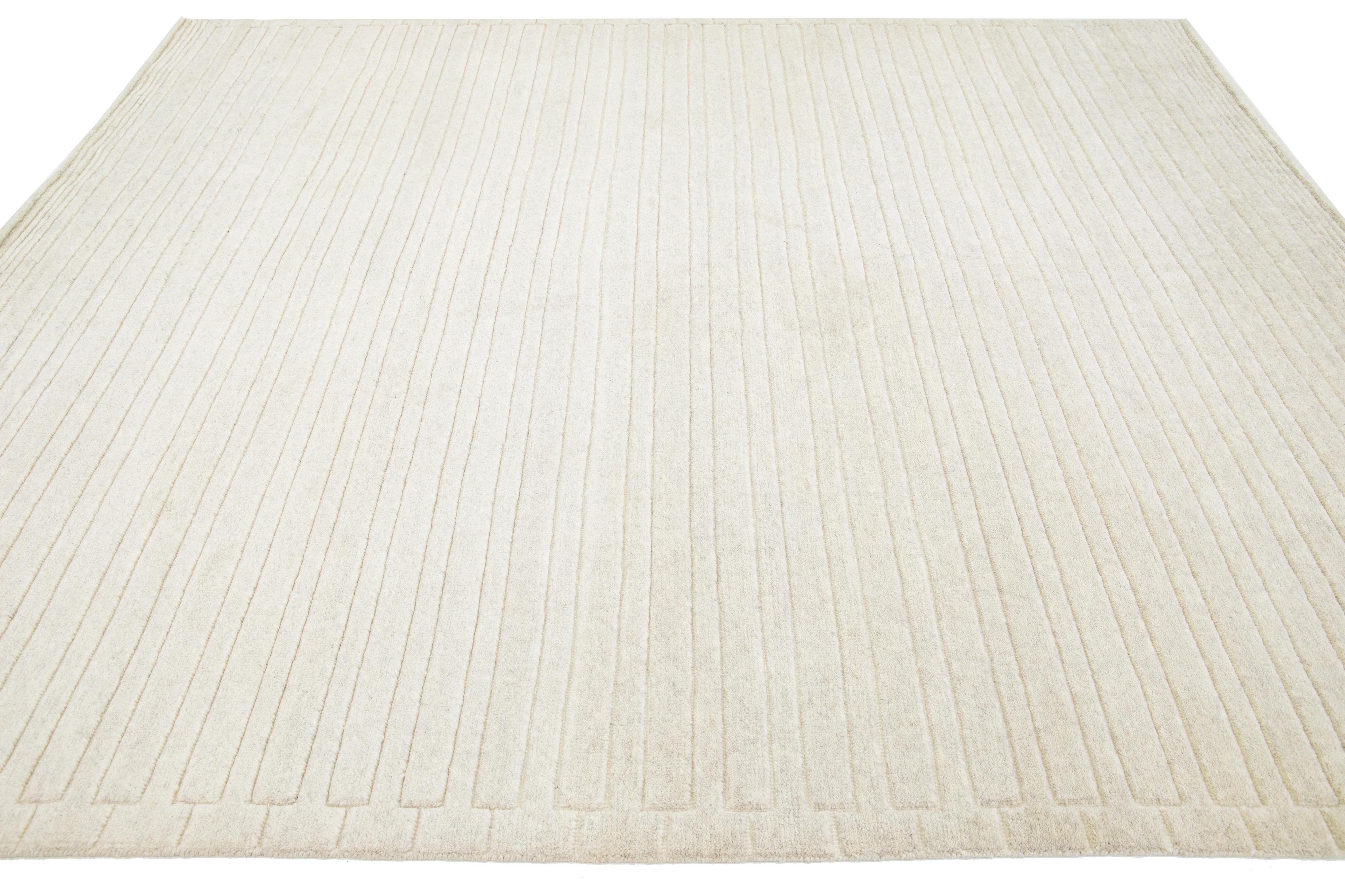 Hand-Knotted Ivory Moroccan Style Contemporary Wool Rug With a Striped Pattern By Apadana For Sale