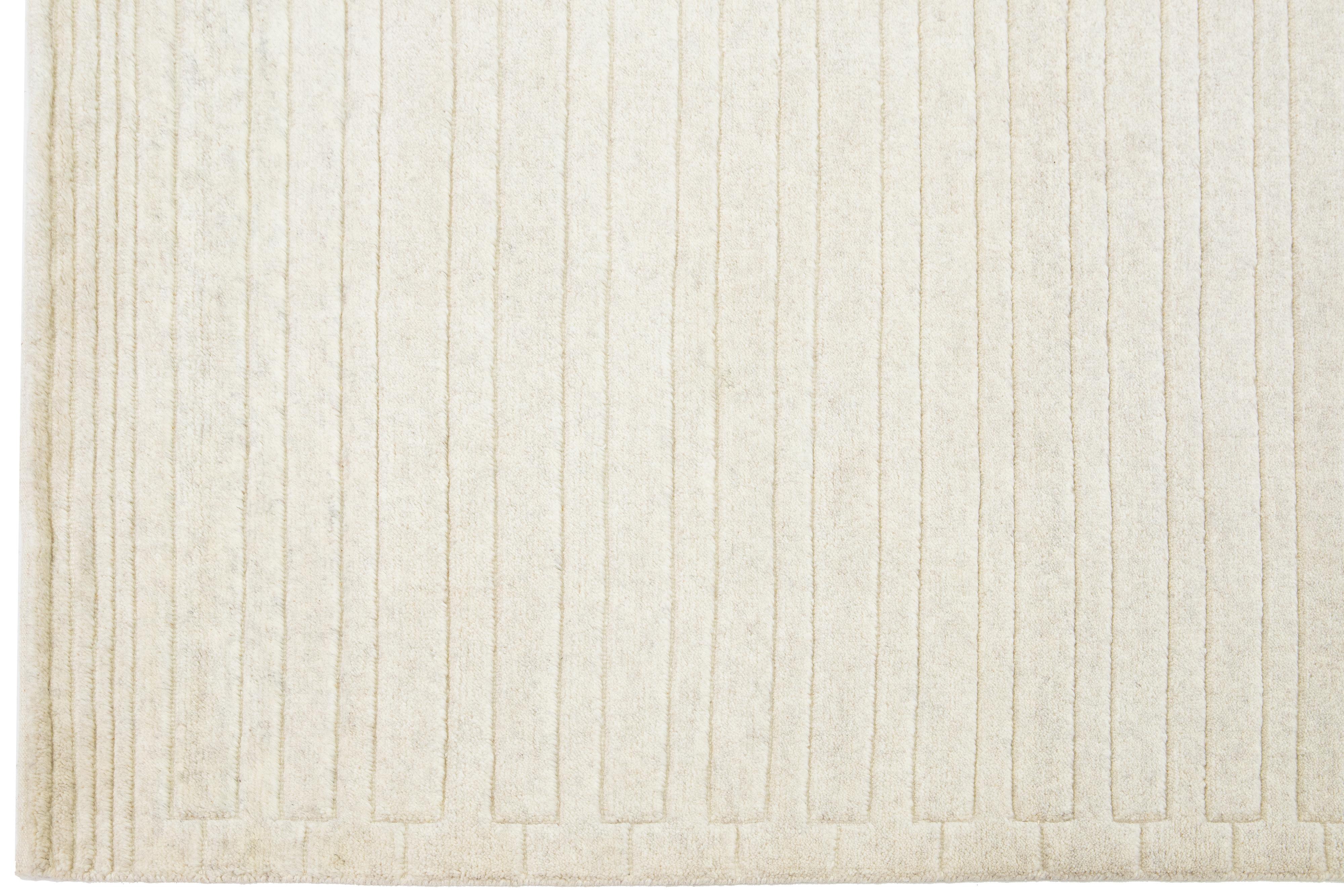 Ivory Moroccan Style Contemporary Wool Rug With a Striped Pattern By Apadana In New Condition For Sale In Norwalk, CT