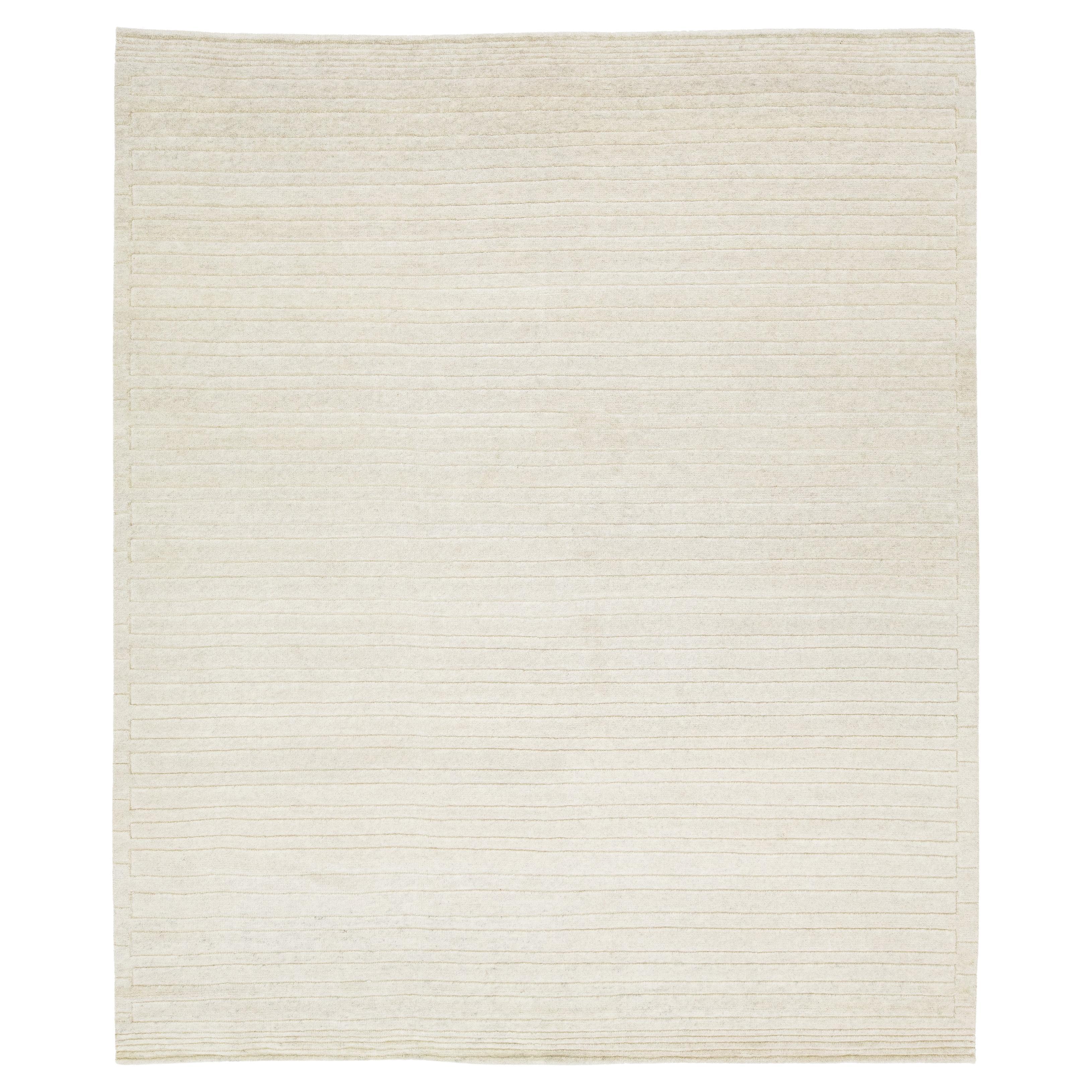 Ivory Moroccan Style Contemporary Wool Rug With a Striped Pattern By Apadana For Sale