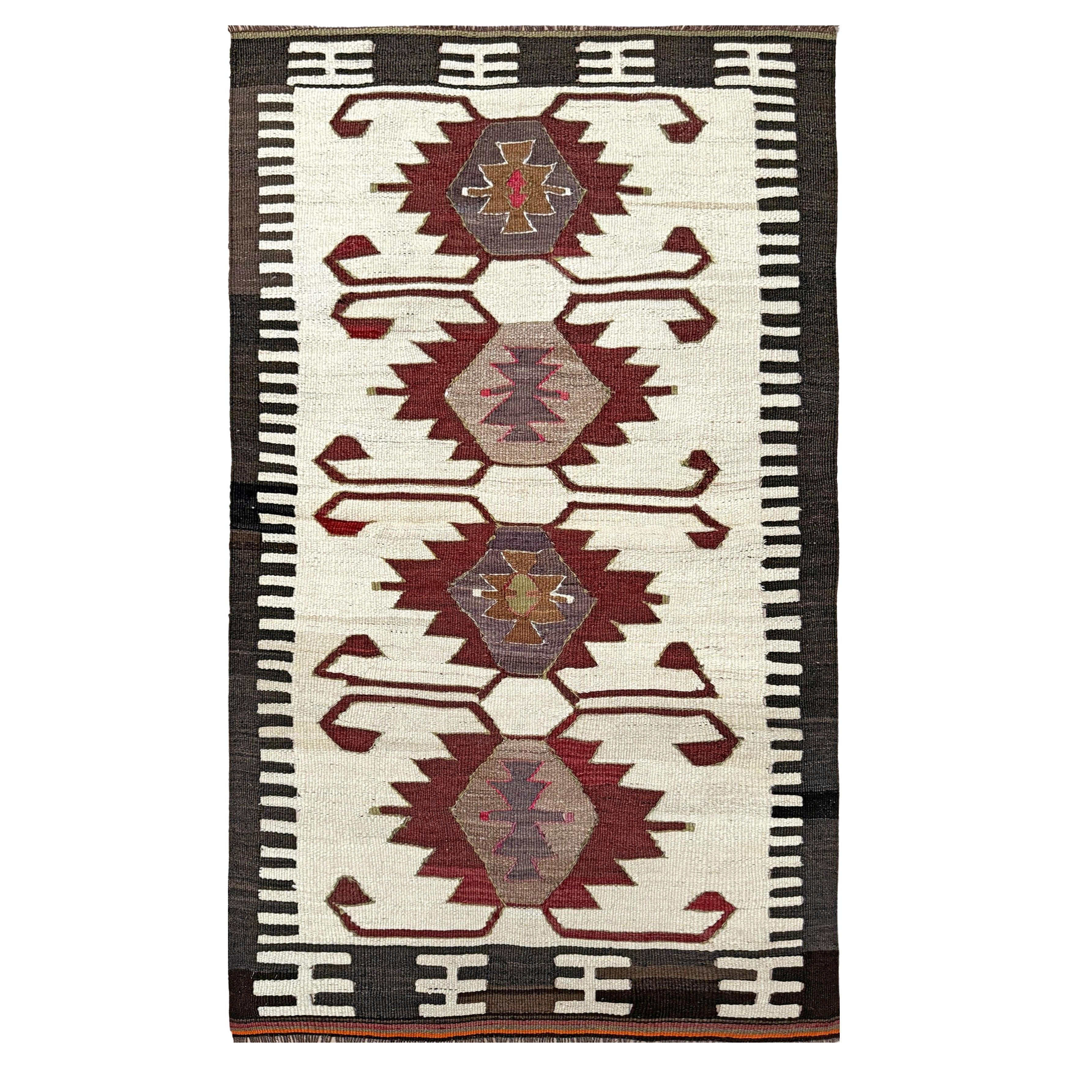 Elfenbein Mut Kelim - • Türkischer Flachgewebeteppich im Navajo-Stil (3
x5
) - • 1970s