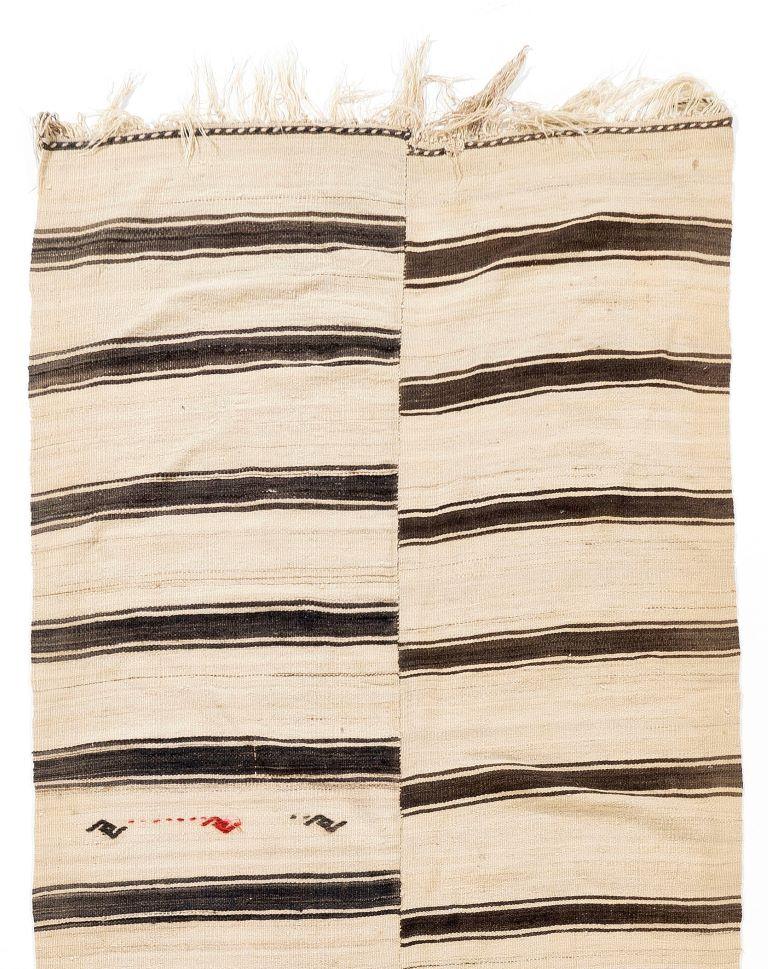 Hand-Woven 4.2x12.5 ft Vintage Turkish Flat-woven Banded Kilim Runner Made of Natural Wool For Sale