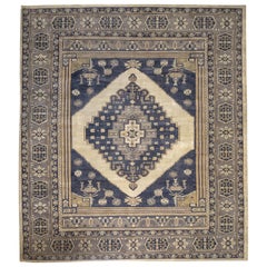 Ivory Navy and Blue Contemporary Handmade Wool Turkish Oushak Rug