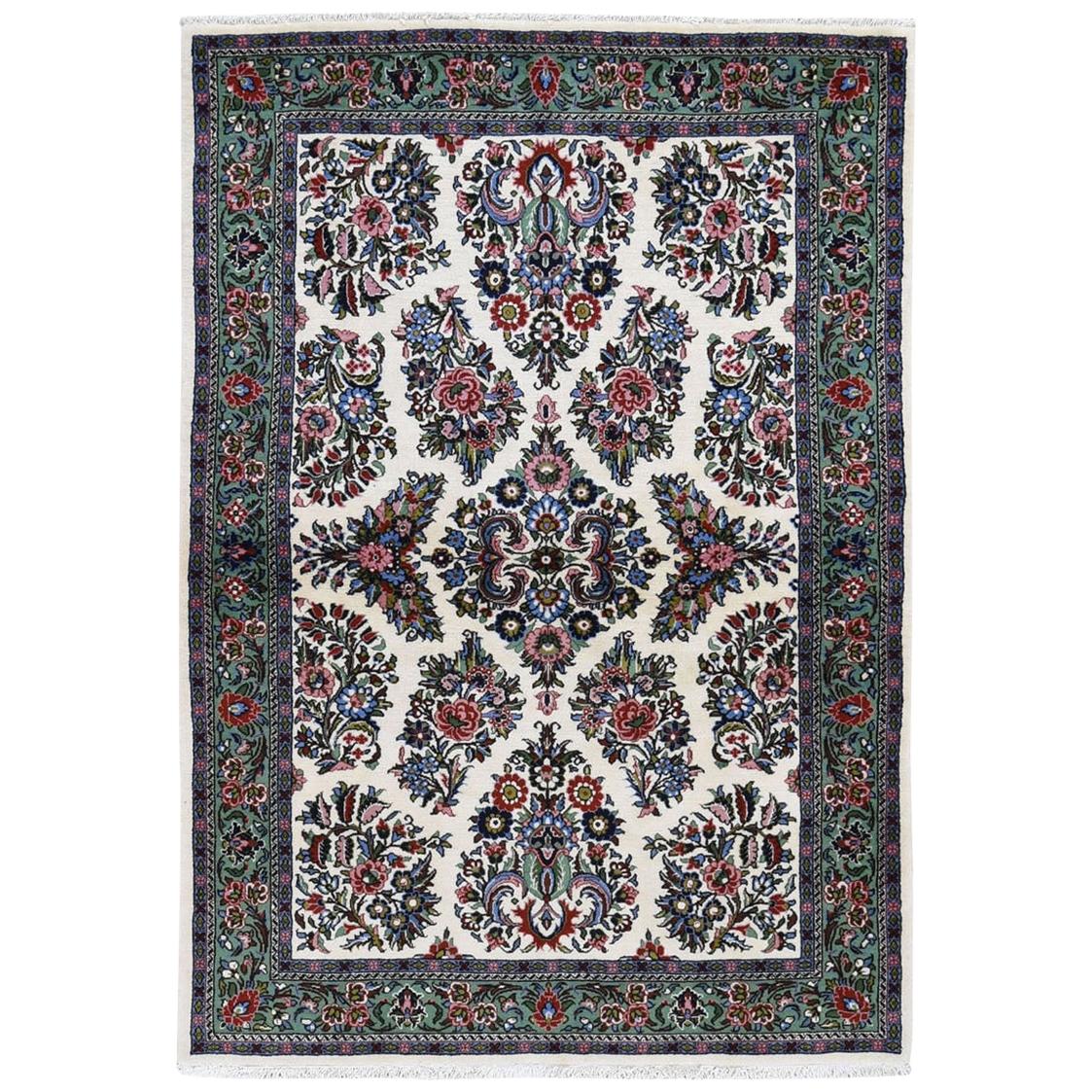 Ivory Persian Sarouk Pure Wool Hand Knotted Oriental Rug
