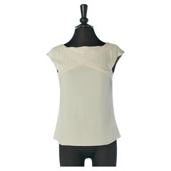 Ivory off-white tank top with cut-work and branded button closure CHANEL