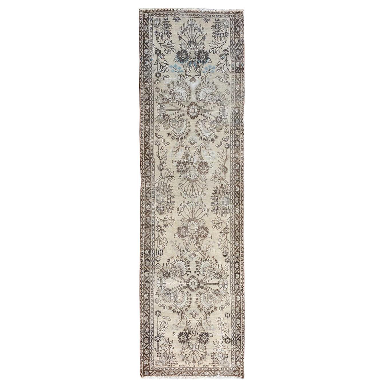 Ivory Old and Worn Down Persian Lilahan Hand Knotted Runner Oriental Rug