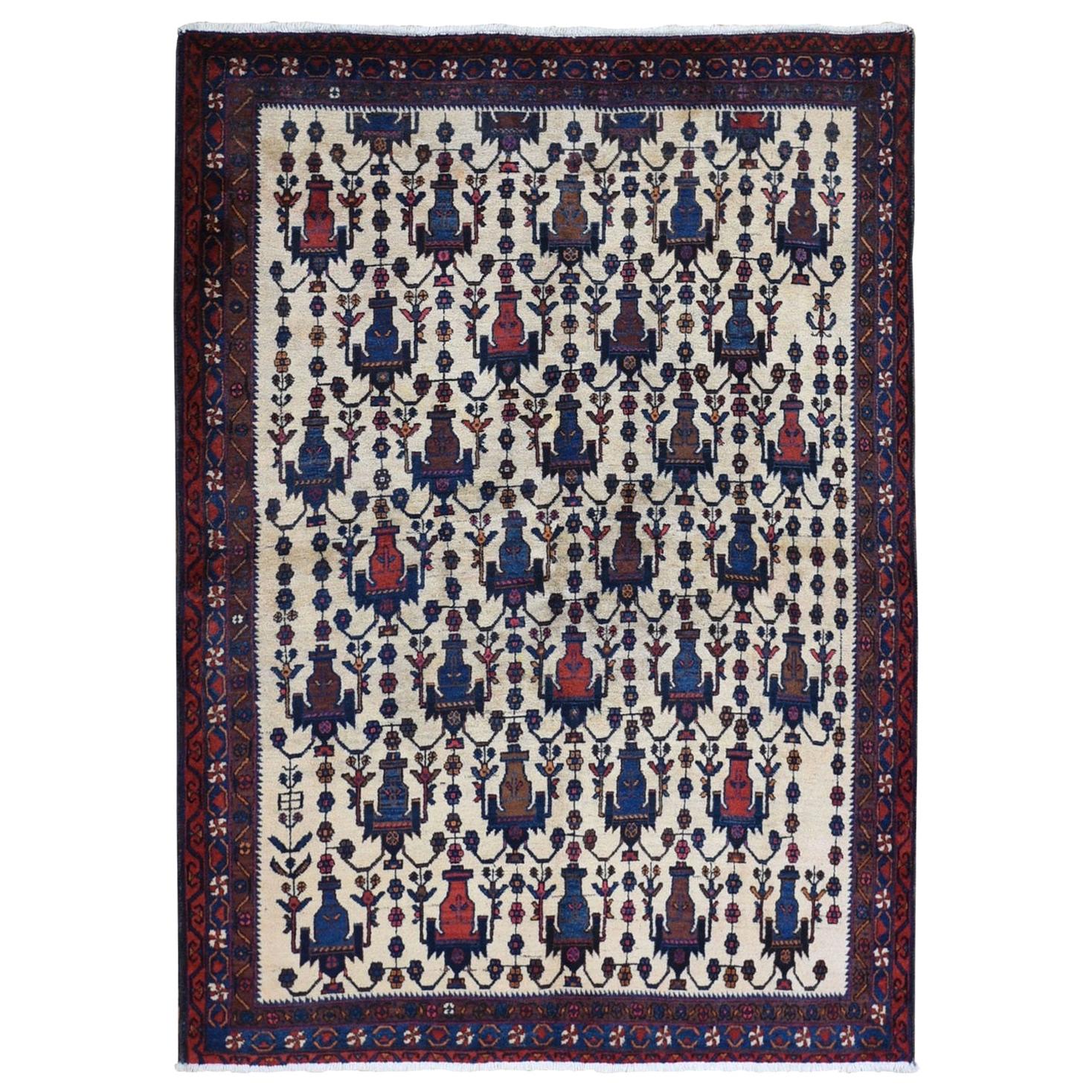 Ivory Old North West Persian All Over Geometric Vase Design Wool Handknotted Rug For Sale
