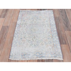 Ivory Old Persian Kerman Cropped Thin Distressed Look Worn Wool Hand Knotted Rug
