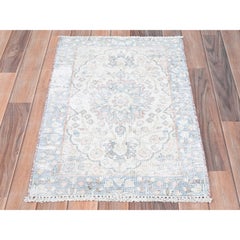 Ivory Old Persian Kerman Cropped Thin Distressed Look Worn Wool Hand Knotted Rug