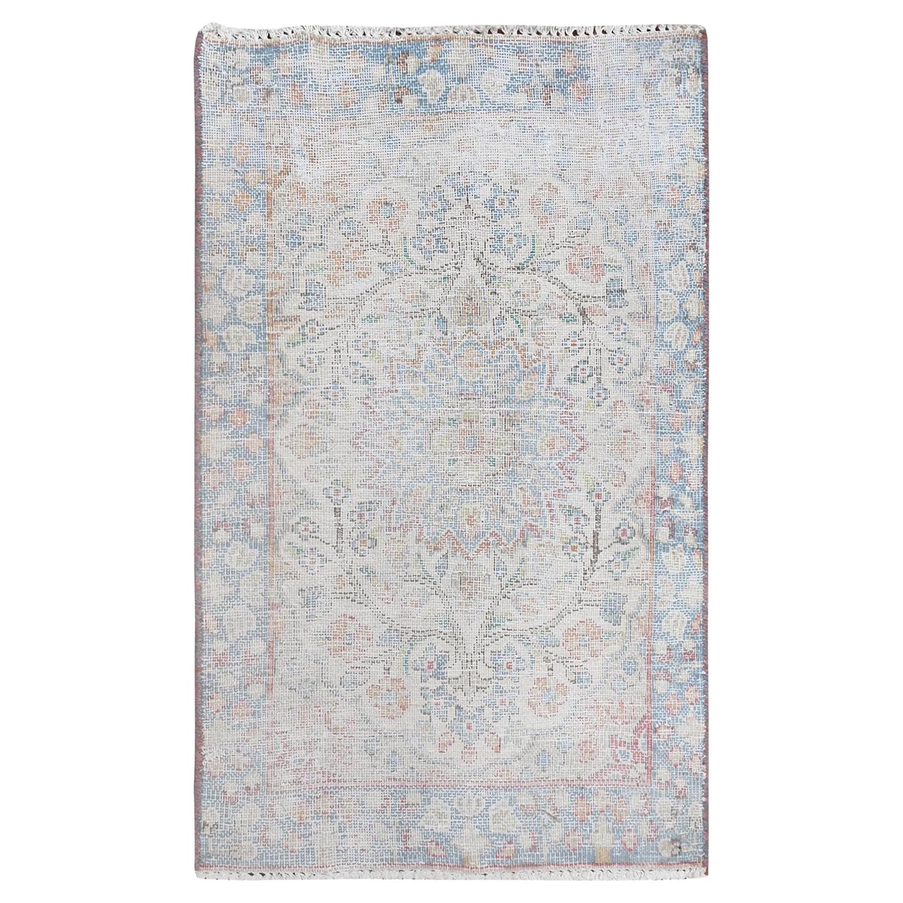 Ivory Old Persian Kerman Cropped Thin Distressed Look Worn Wool Hand Knotted Rug For Sale