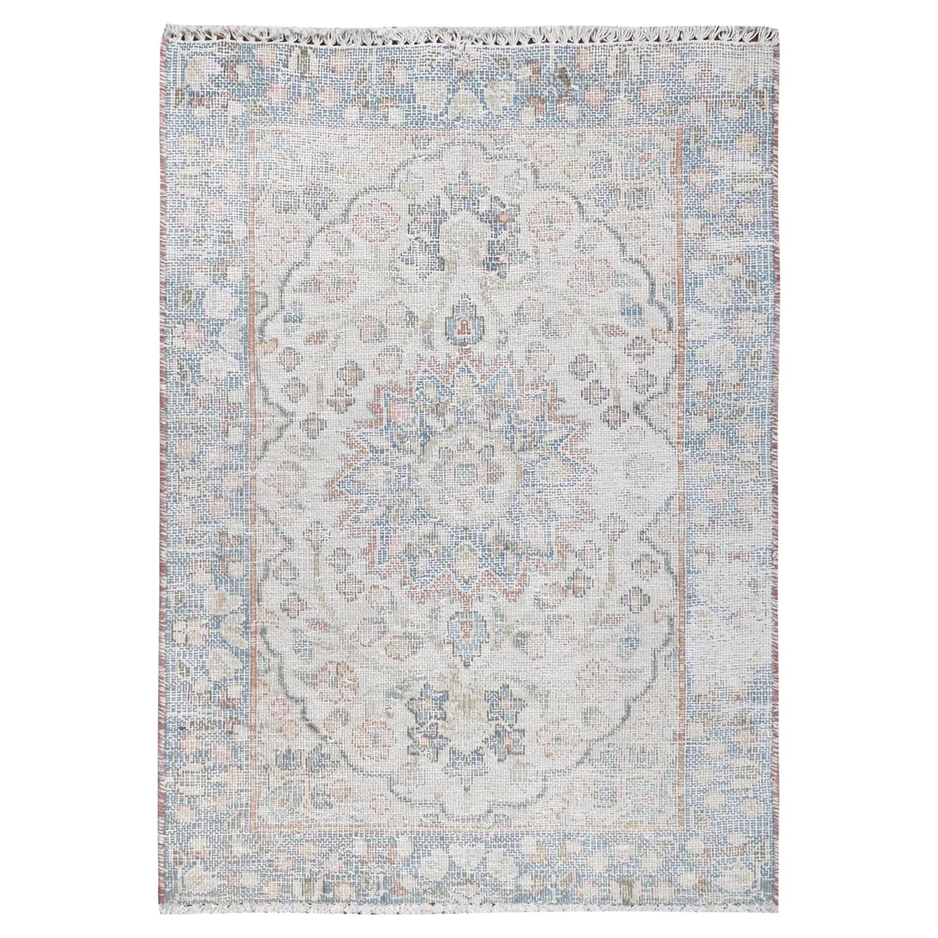 Ivory Old Persian Kerman Cropped Thin Distressed Look Worn Wool Hand Knotted Rug For Sale