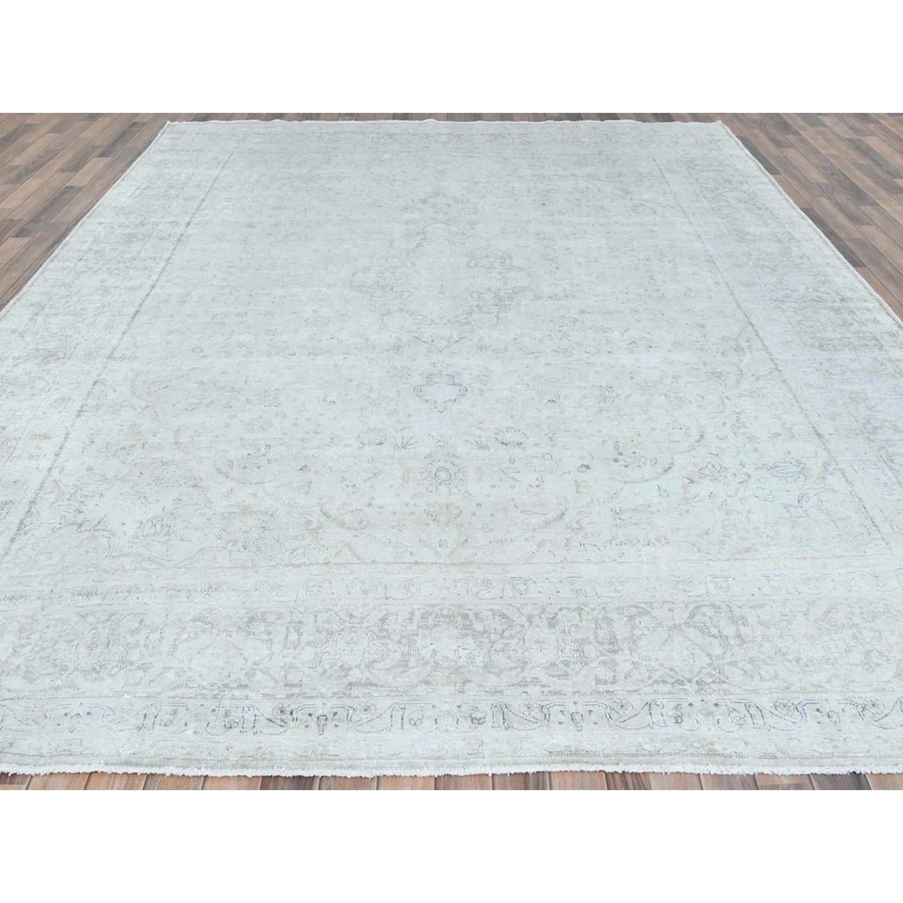 Medieval Ivory Old Persian Kerman Hand Knotted Cropped Thin Worn Wool Distressed Look Rug For Sale