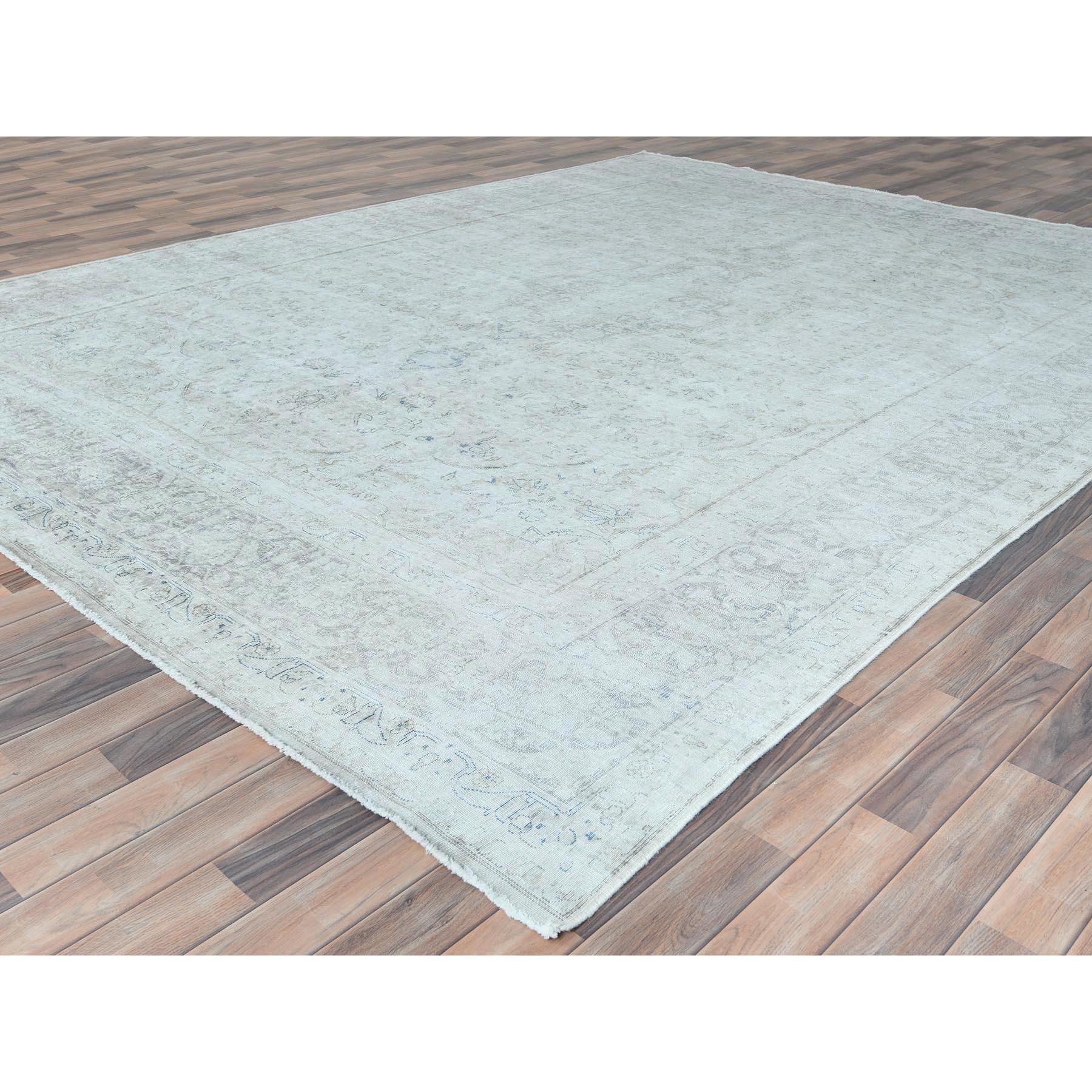 Hand-Knotted Ivory Old Persian Kerman Hand Knotted Cropped Thin Worn Wool Distressed Look Rug For Sale