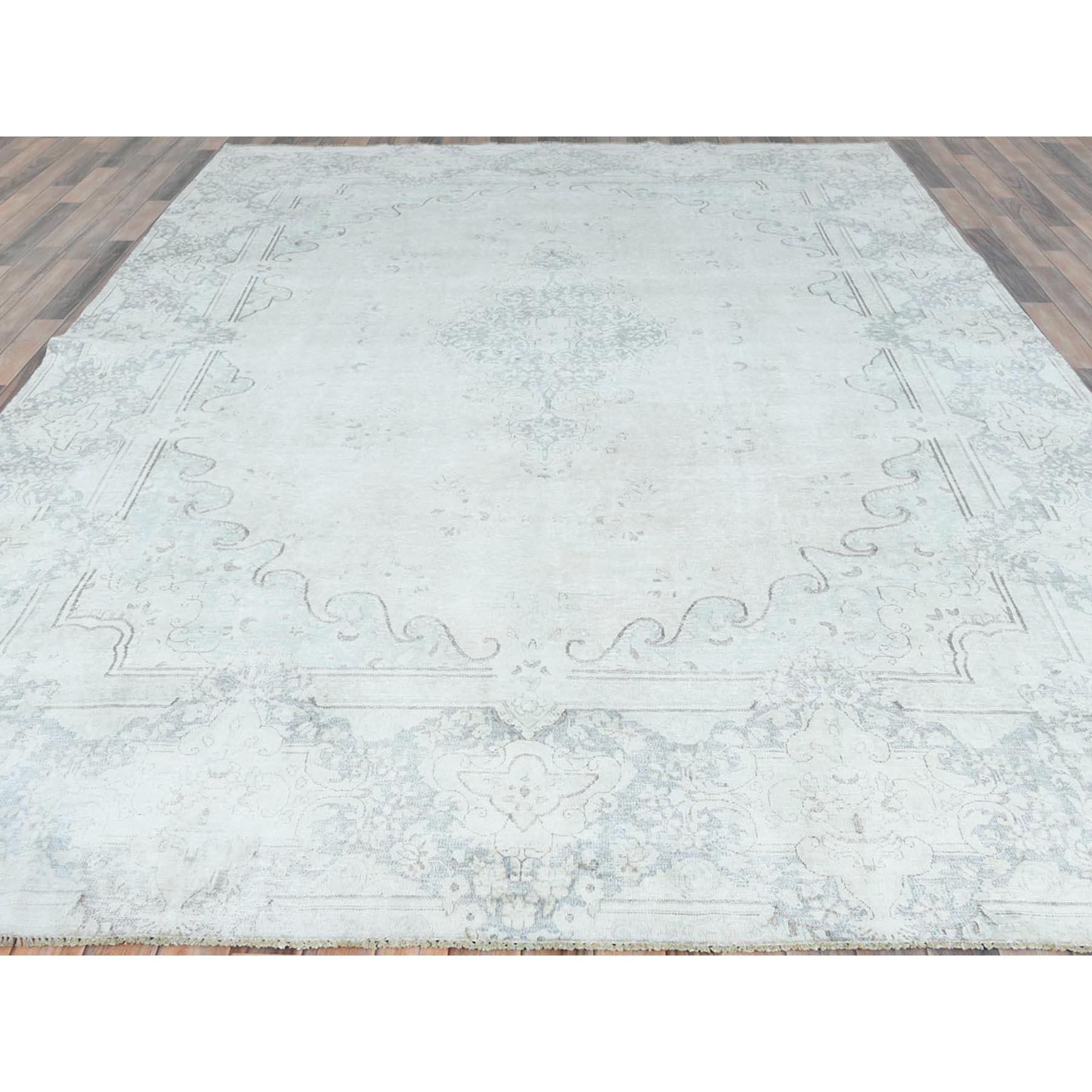 Medieval Ivory Old Persian Kerman Shabby Chic Hand Knotted Worn Wool Distressed Rug For Sale