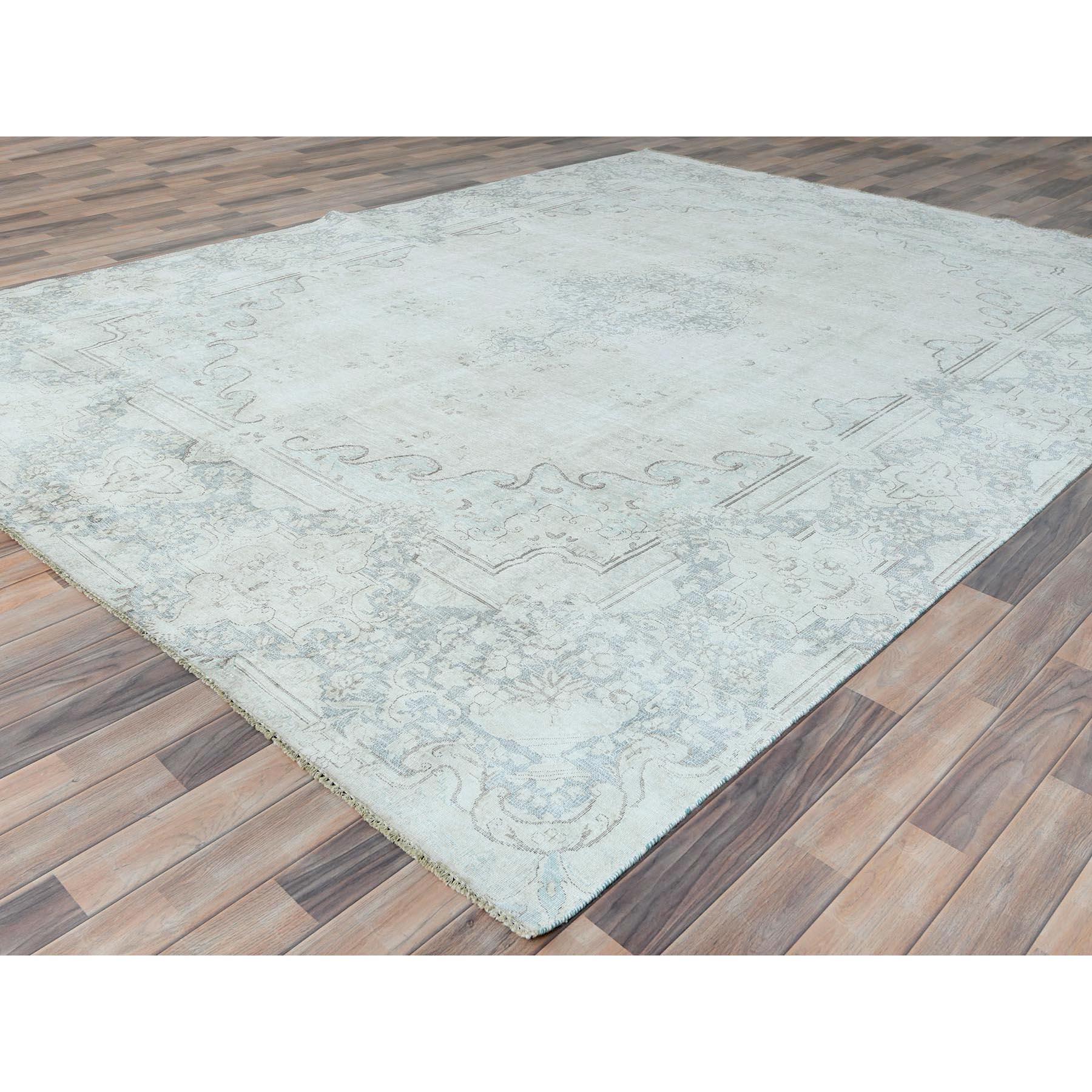 Hand-Knotted Ivory Old Persian Kerman Shabby Chic Hand Knotted Worn Wool Distressed Rug For Sale