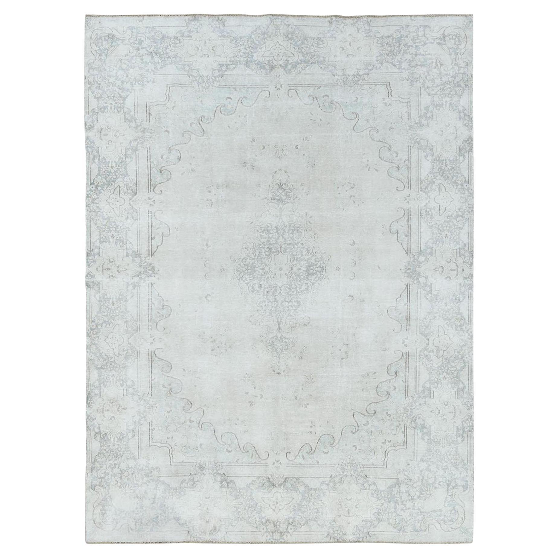 Ivory Old Persian Kerman Shabby Chic Hand Knotted Worn Wool Distressed Rug For Sale