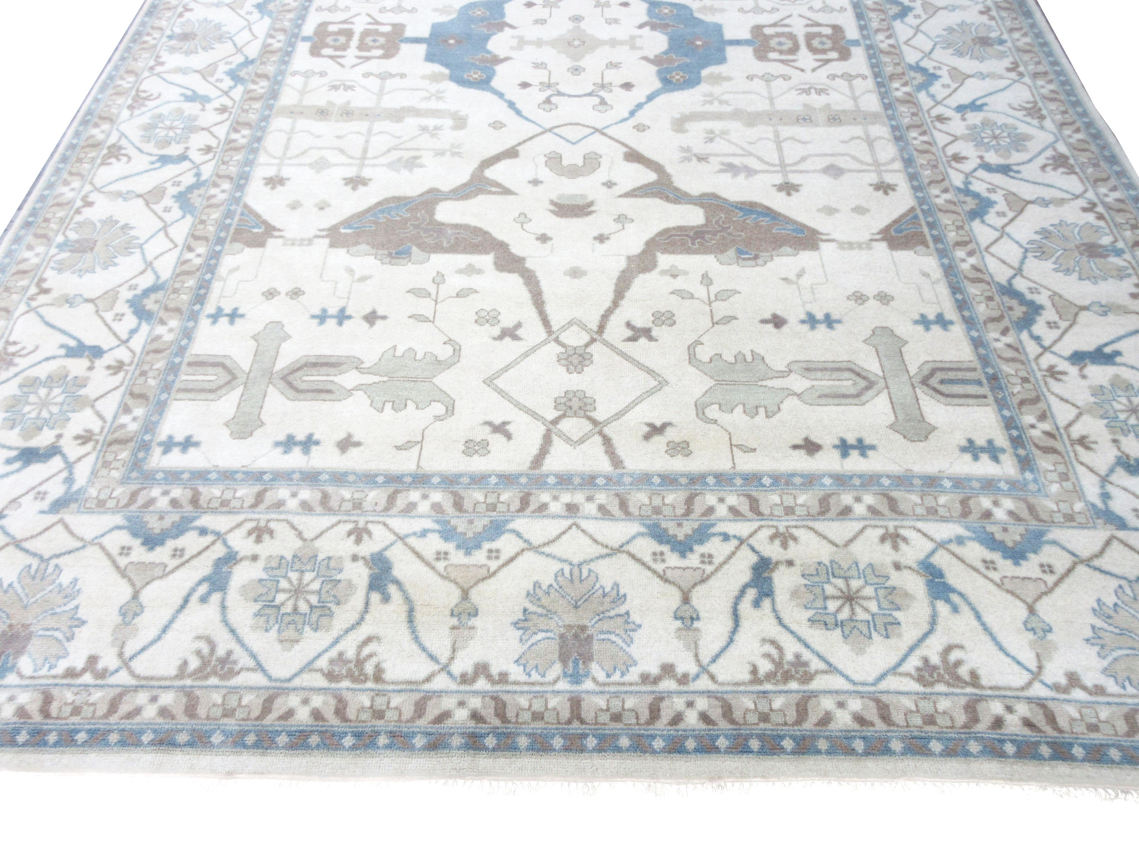 Hand-Knotted Ivory Oushak Area Rug For Sale