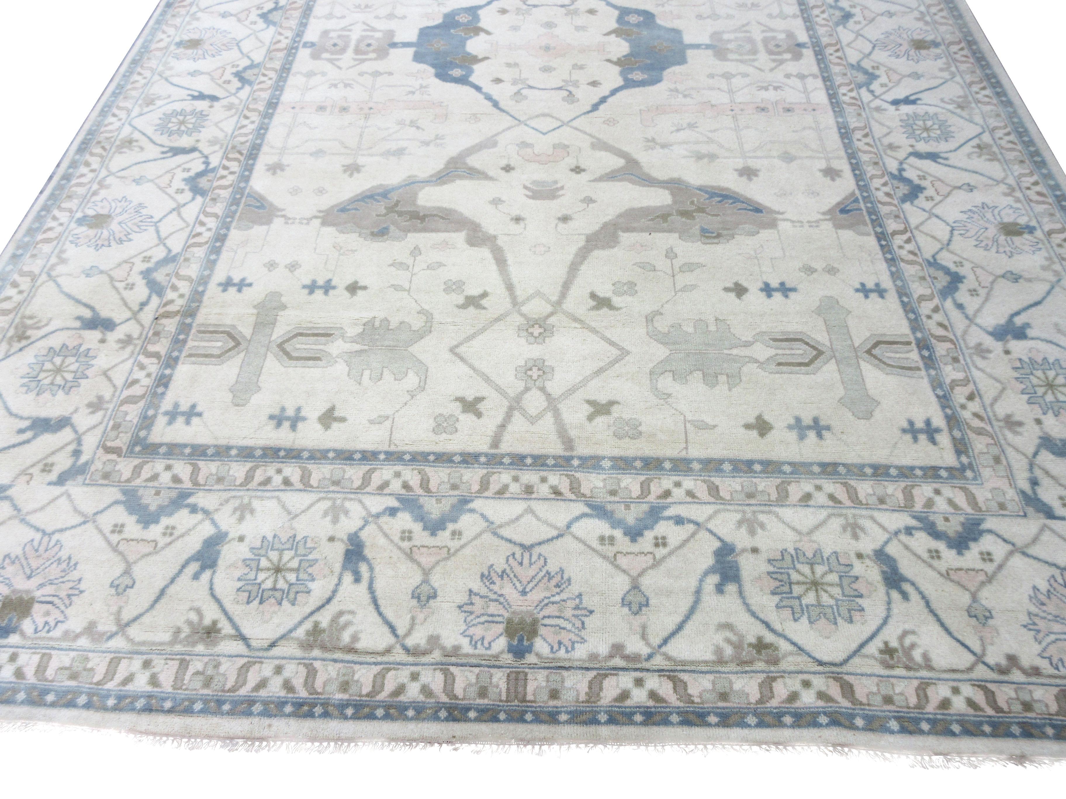 Hand-Knotted Ivory Oushak Area Rug For Sale