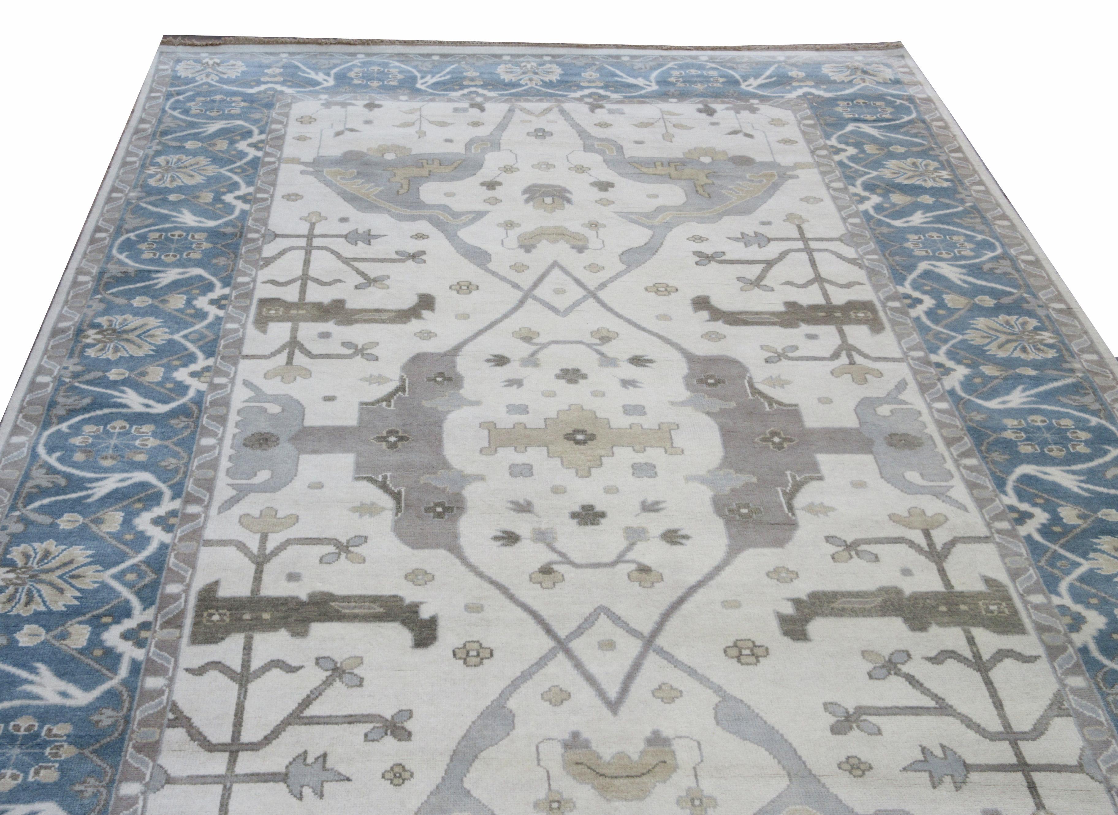 Hand-Knotted Ivory Oushak Gallery Runner For Sale
