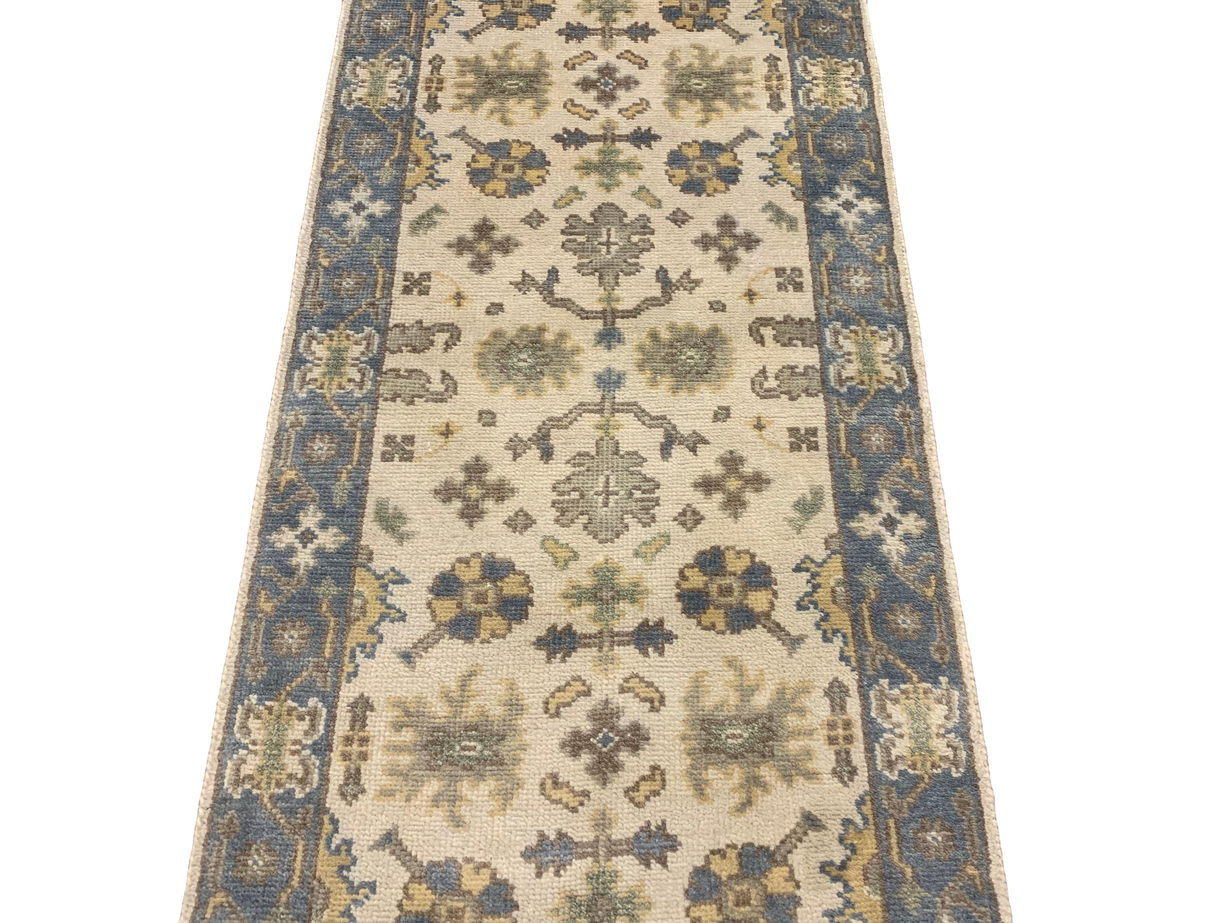 Hand-Knotted Ivory Oushak Runner For Sale